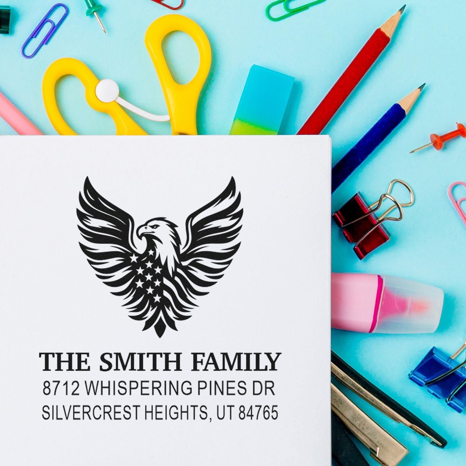 Custom rubber address stamp with eagle logo, The Smith Family name, and return address for envelopes, mail, and personal correspondence