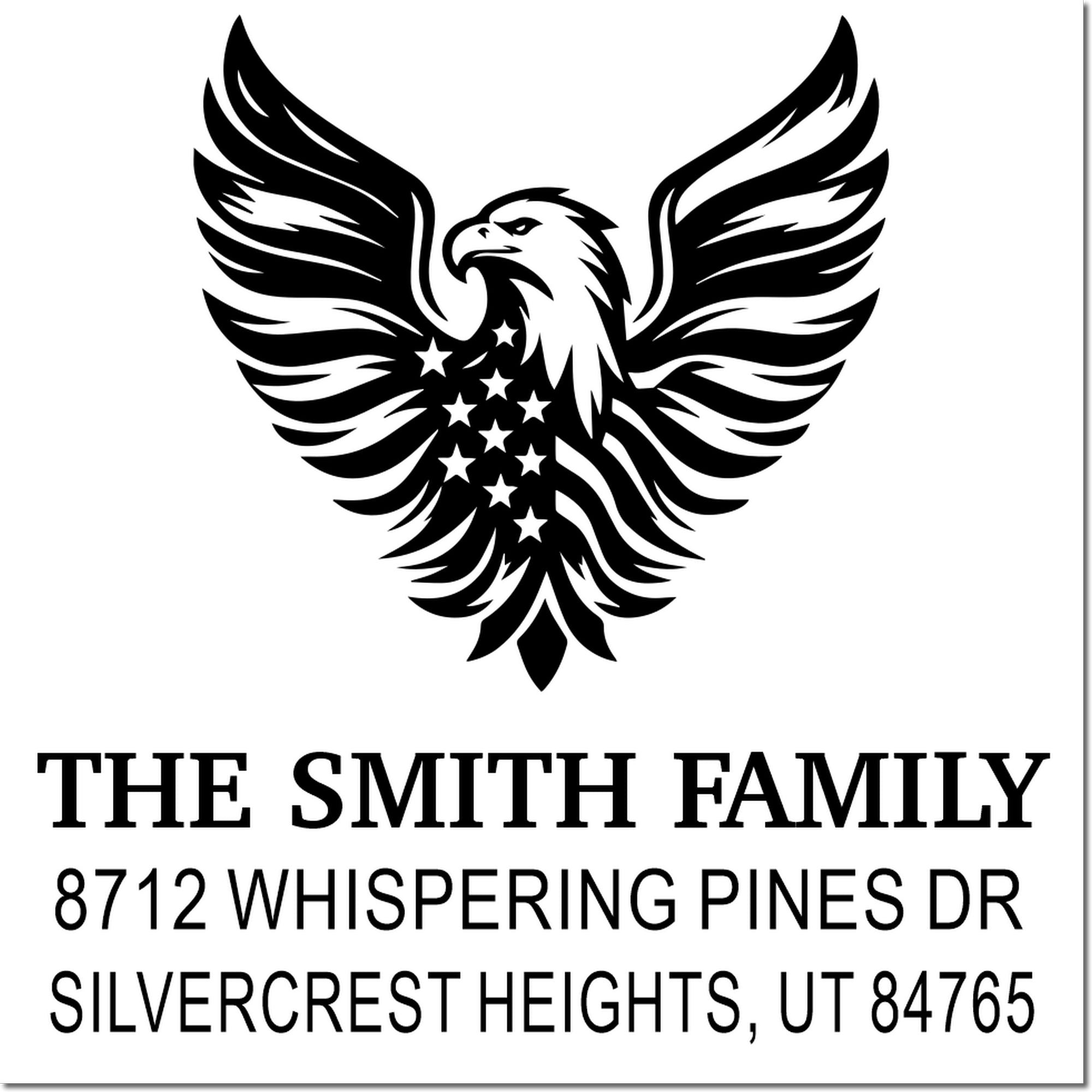 Custom rubber stamp with eagle emblem, The Smith Family return address, 8712 Whispering Pines Dr, Silvercrest Heights, UT 84765 for mailing envelopes