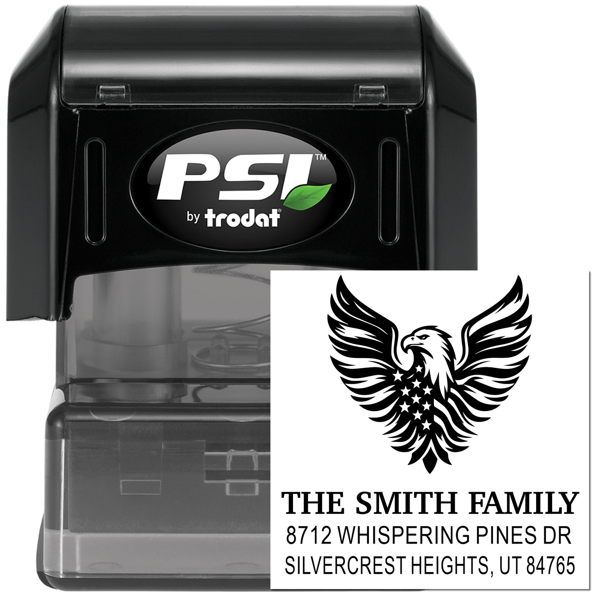 Personalized self-inking rubber stamp with eagle design, Smith family name and address, PSI by Trodat black custom return address stamp