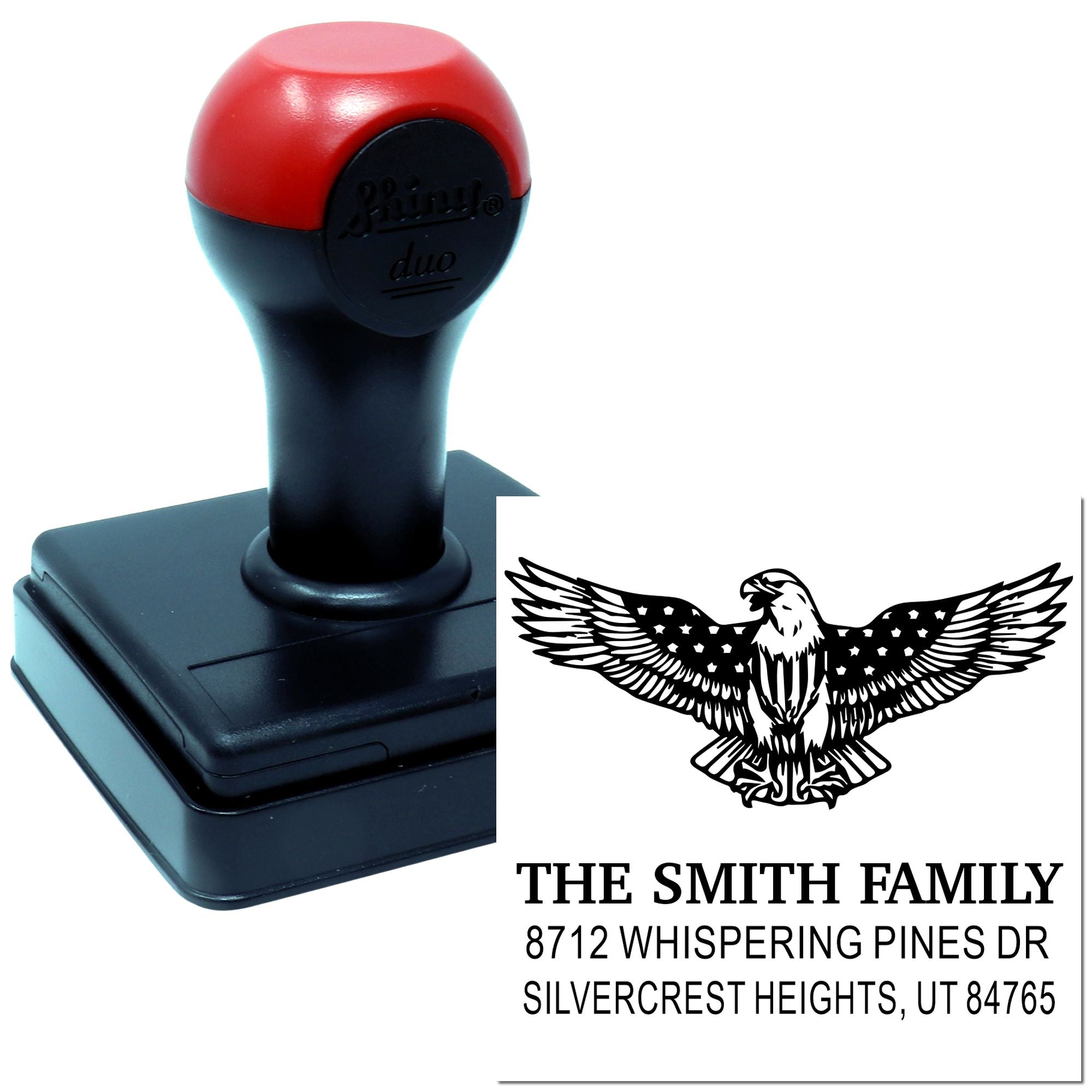 Custom self-inking rubber stamp with eagle family return address design, Smith family name and Utah address for mailing and correspondence.