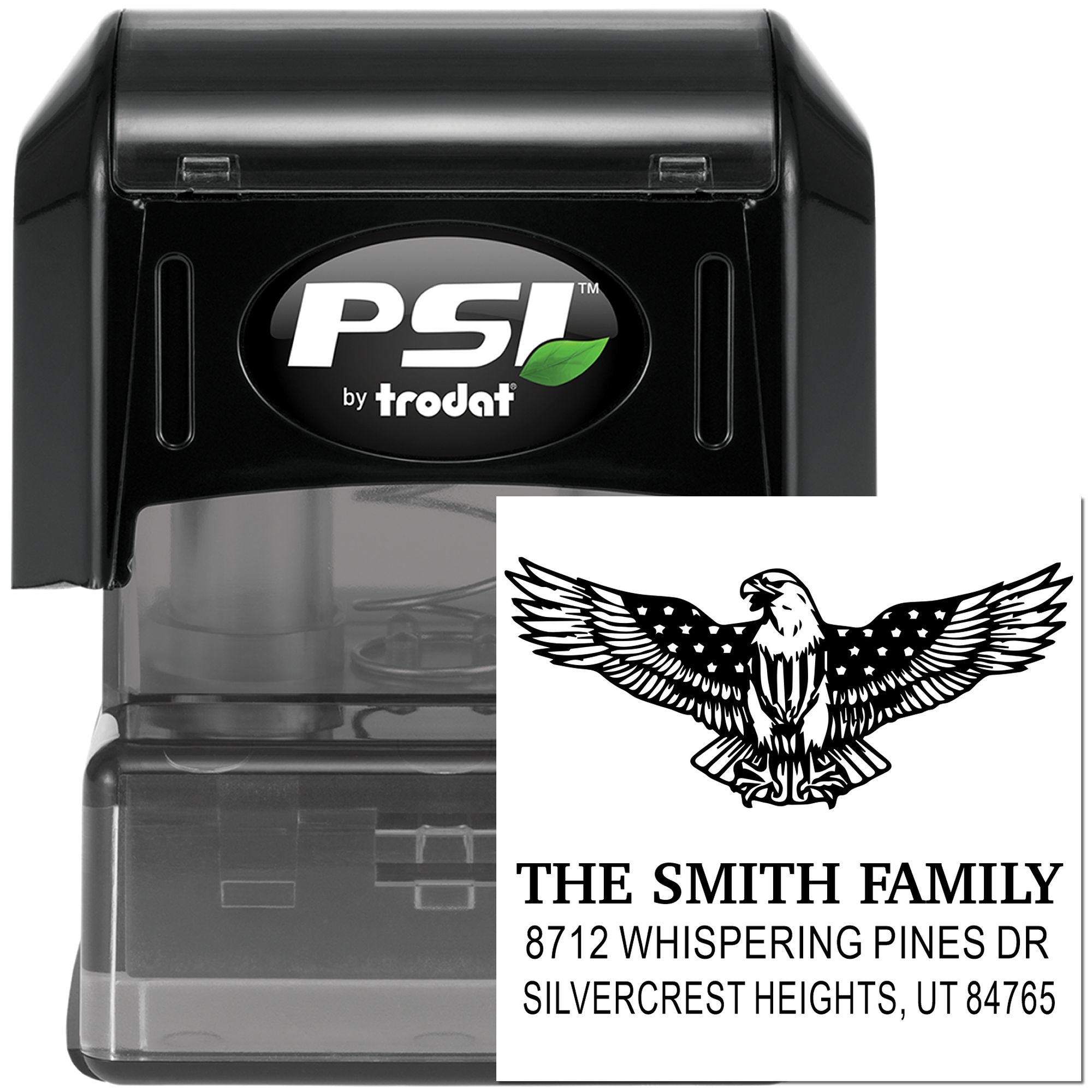 PSI by Trodat self-inking address stamp with eagle design, custom family name and address, black rubber stamp for mailing and return labels