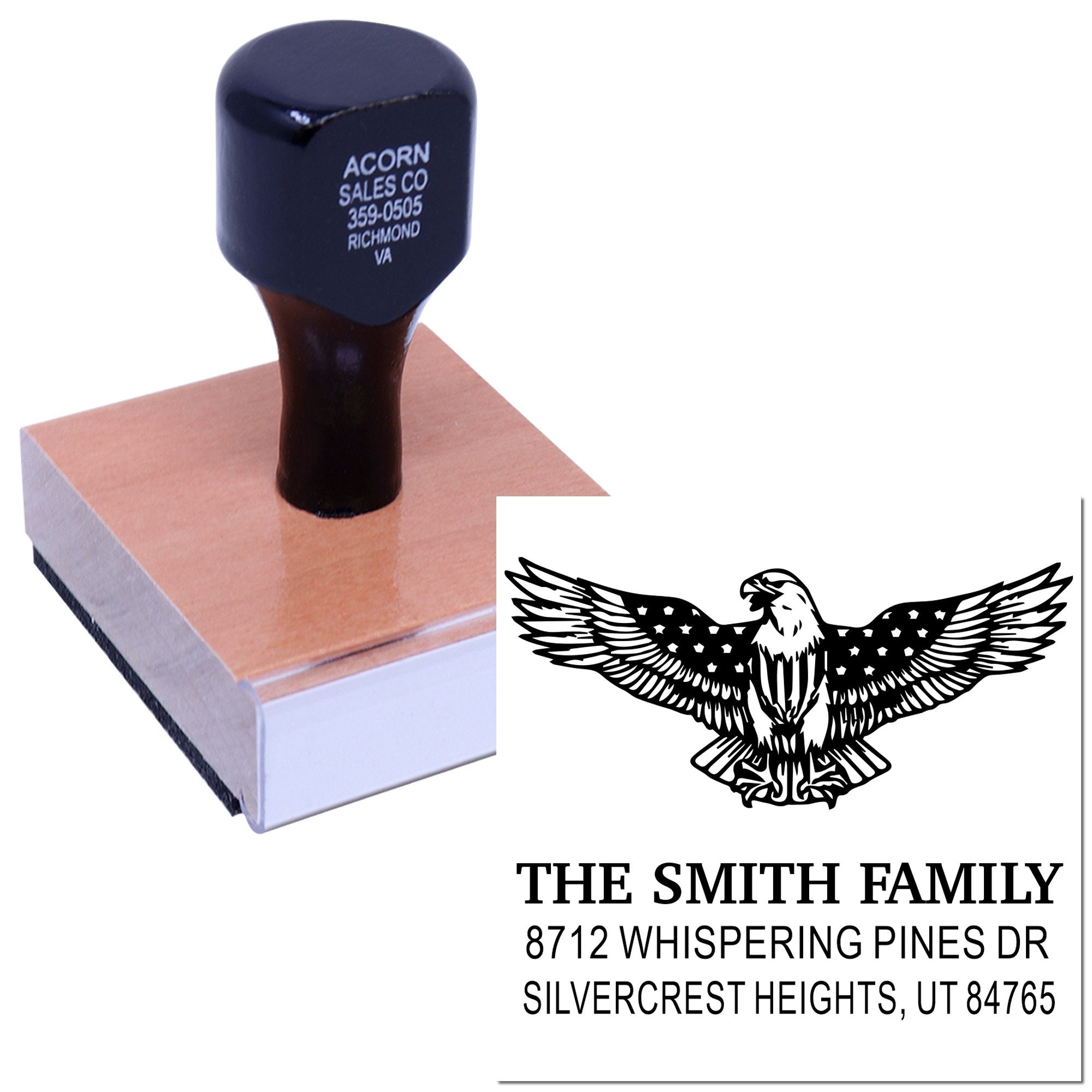 Custom rubber stamp with eagle design and return address for The Smith Family, Whispering Pines Dr, Silvercrest Heights, Utah 84765.