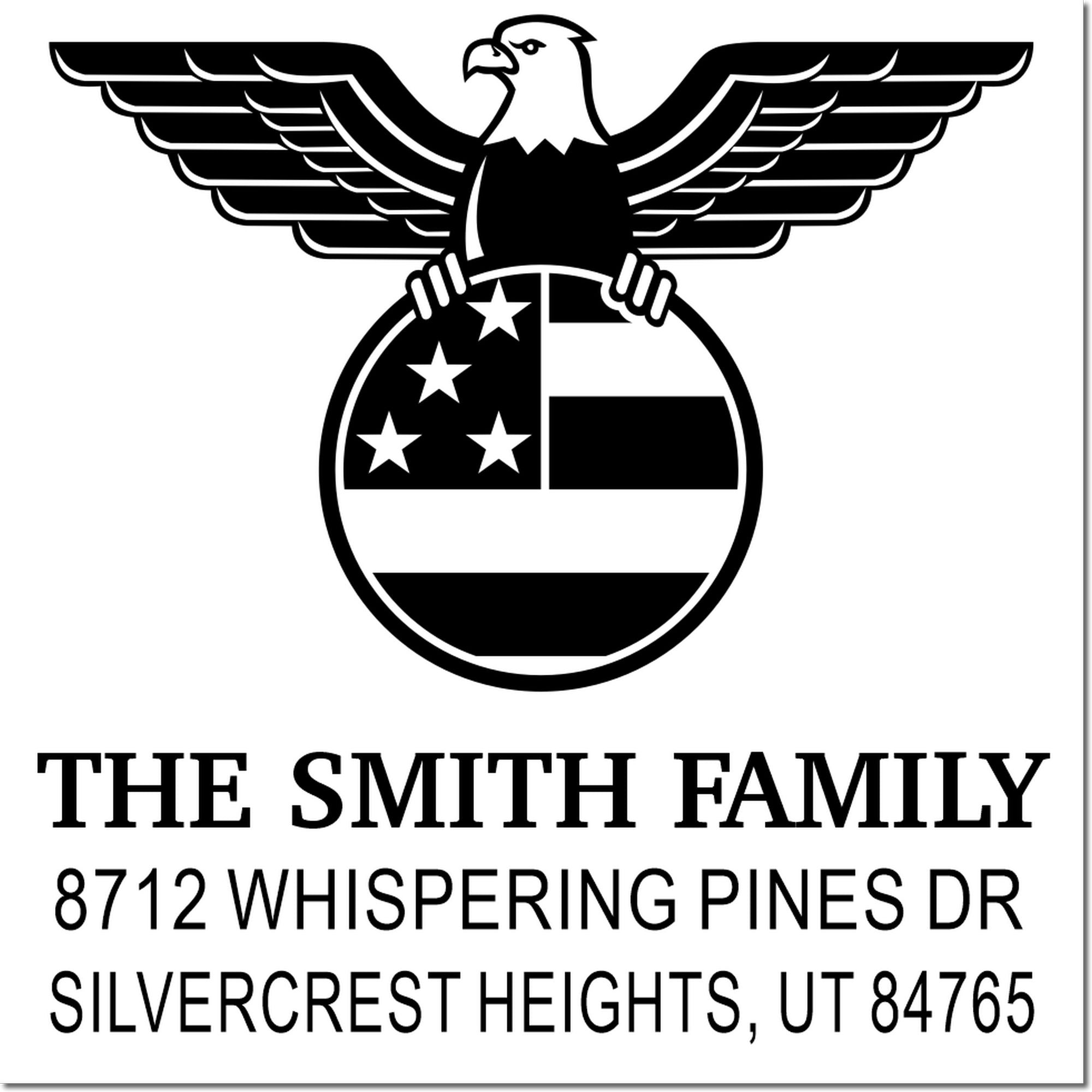 Custom rubber stamp with eagle crest, circular monogram, The Smith Family name, and address 8712 Whispering Pines Dr, Silvercrest Heights, UT 84765