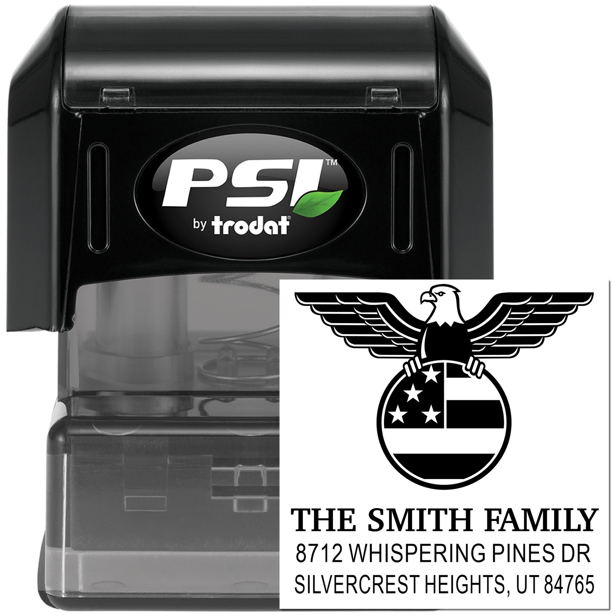 PSI by Trodat self-inking rubber stamp with custom eagle family address design for The Smith Family, Whispering Pines Dr, Silvercrest Heights, UT
