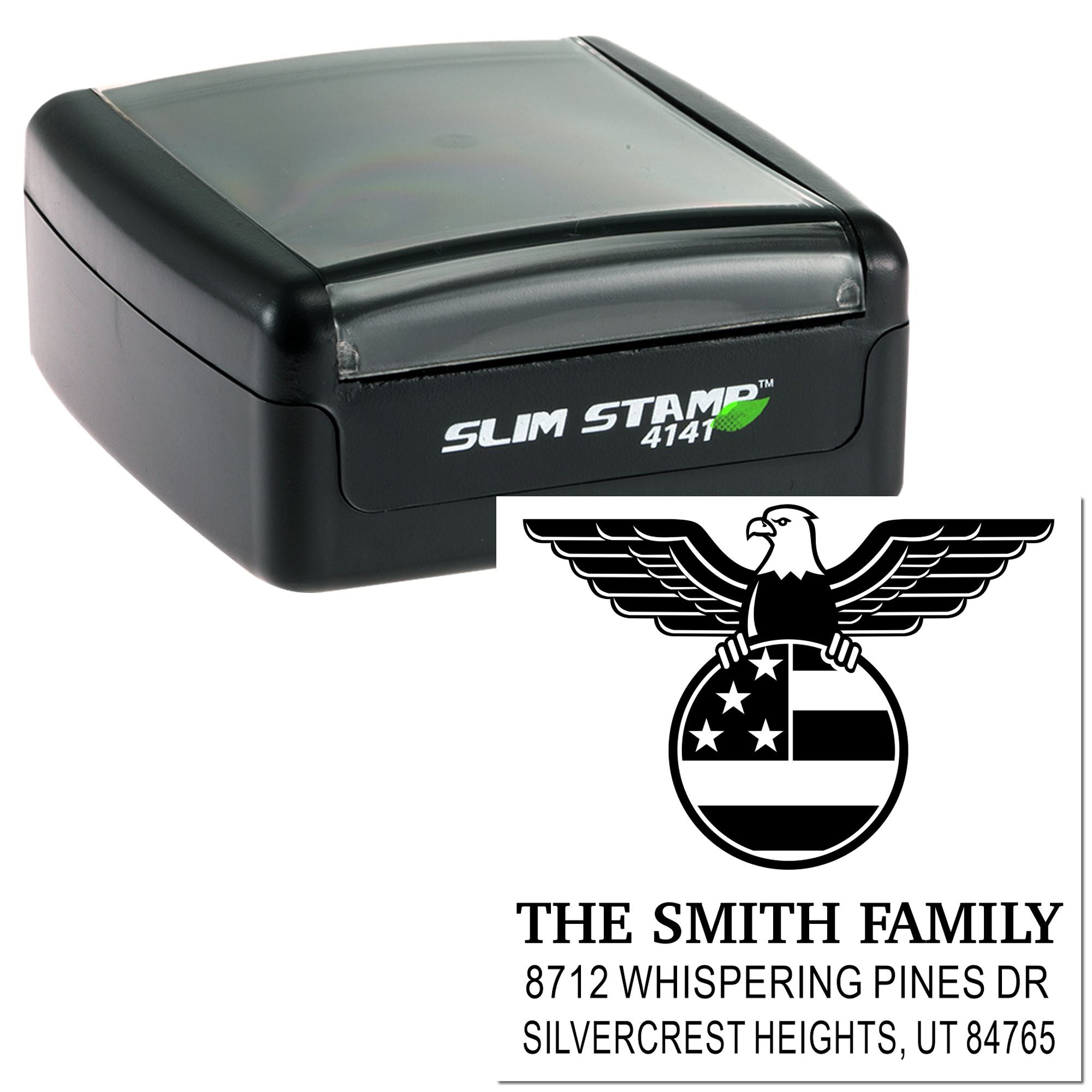 Custom Slim Stamp 4141 self-inking address stamp with eagle emblem, The Smith Family name, and Silvercrest Heights, UT return address.