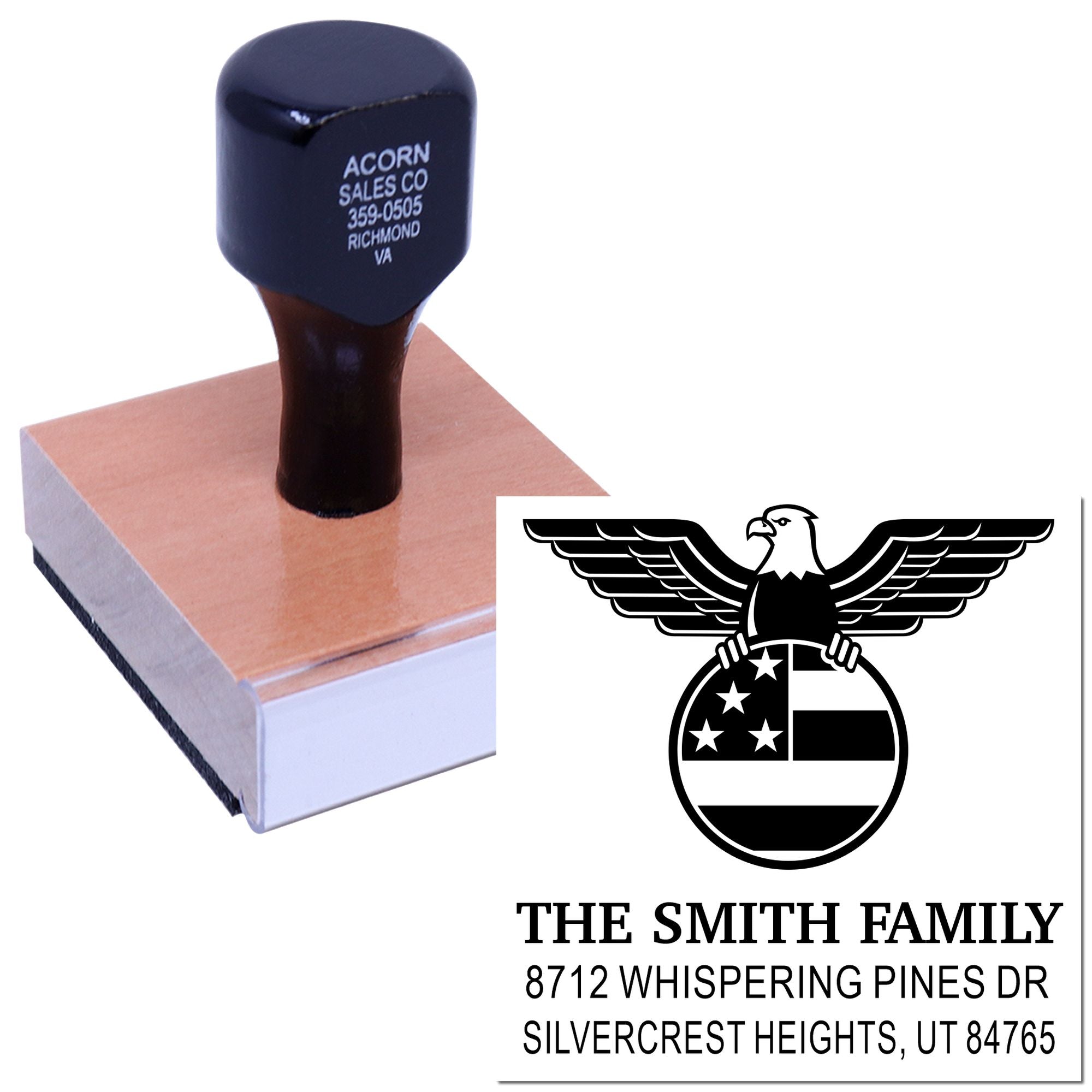 Custom rubber address stamp with eagle family crest design, The Smith Family name, and Silvercrest Heights, UT return address for mailing envelopes.