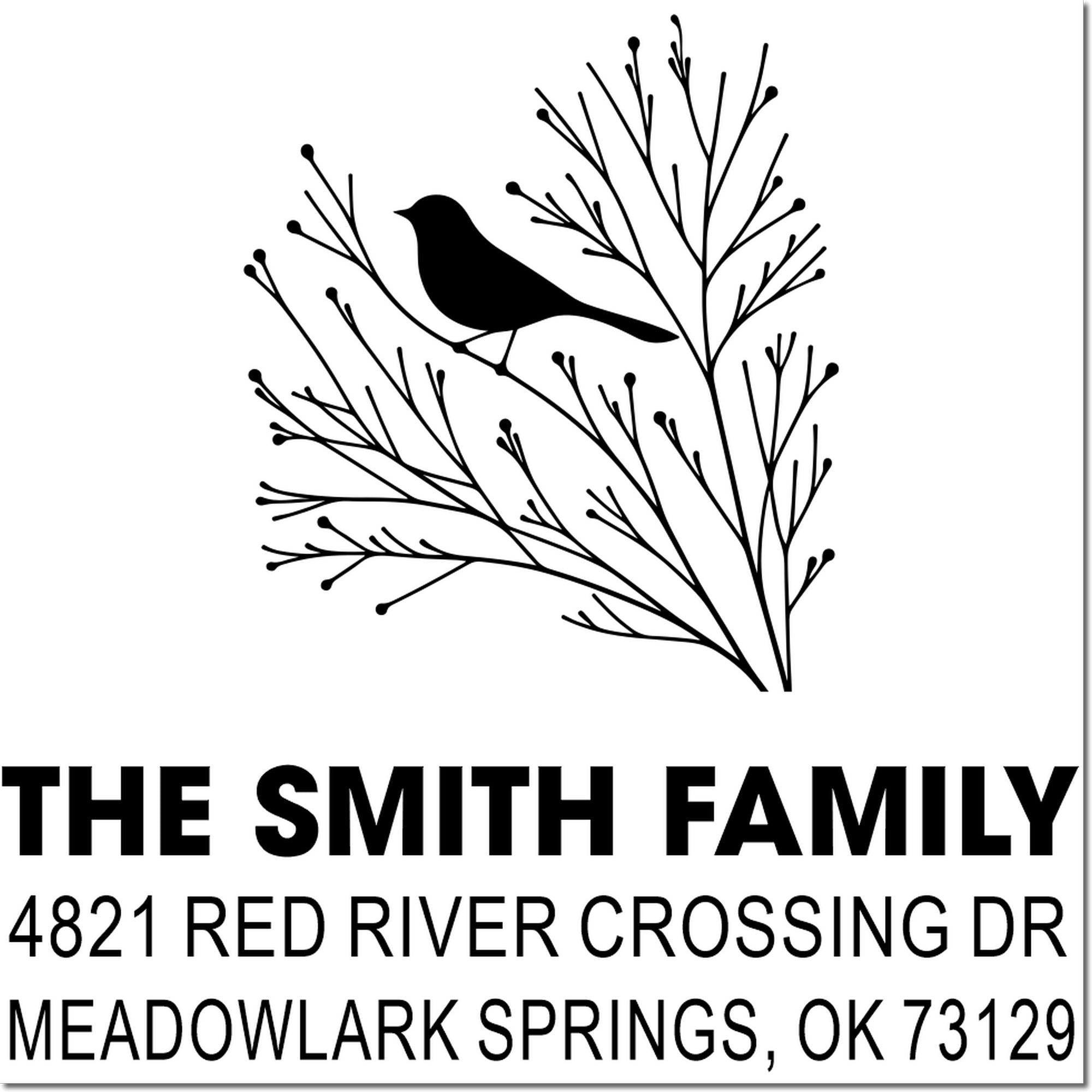 Custom return address rubber stamp with bird on branch design, featuring The Smith Family, 4821 Red River Crossing Dr, Meadowlark Springs, OK 73129