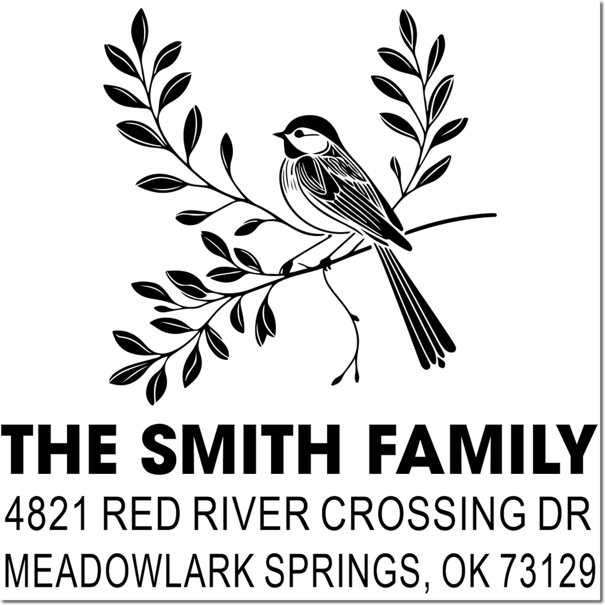 Custom return address rubber stamp with bird and leaf logo, The Smith Family, 4821 Red River Crossing Dr, Meadowlark Springs, OK 73129