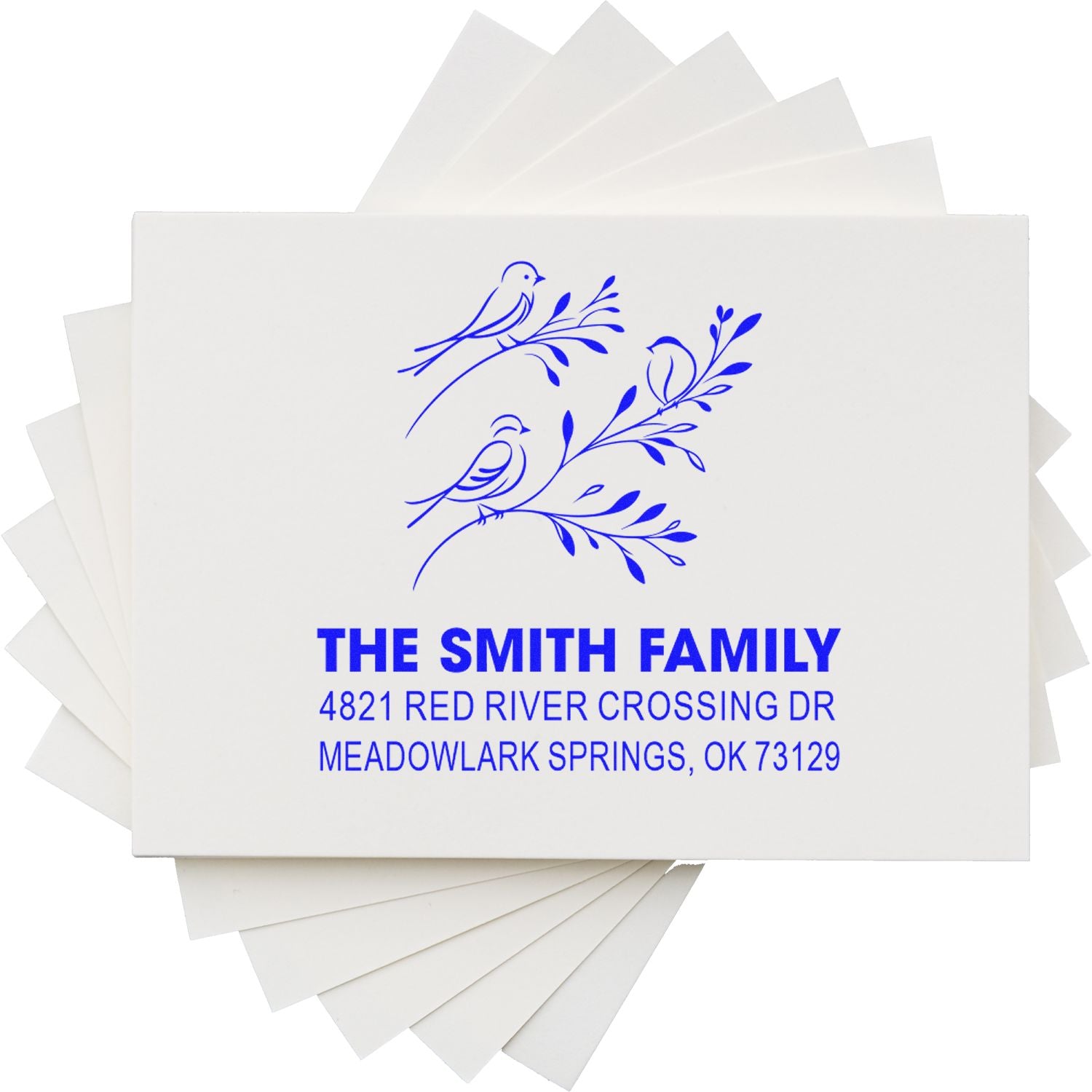 Custom return address rubber stamp with bird and floral design, blue ink, The Smith Family, 4821 Red River Crossing Dr, Meadowlark Springs, OK