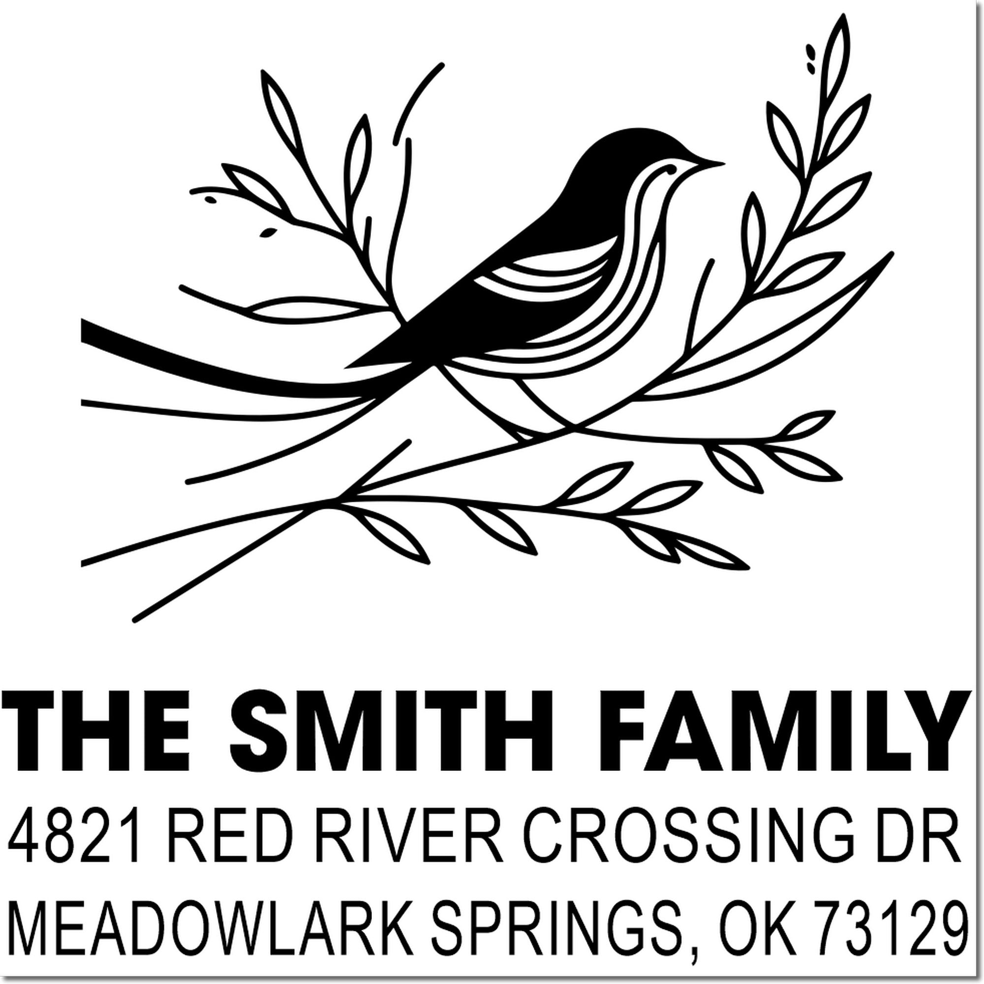 Custom personalized return address rubber stamp with bird on leafy branch design, Smith family name, 4821 Red River Crossing Dr, Meadowlark Springs, OK 73129