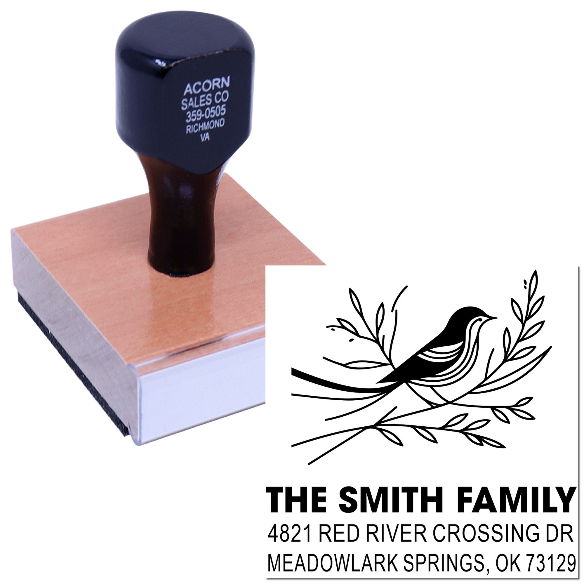 Custom wooden rubber address stamp with bird and branch design, personalized family name stamp for envelopes, mailings, wedding invitations, and stationery.