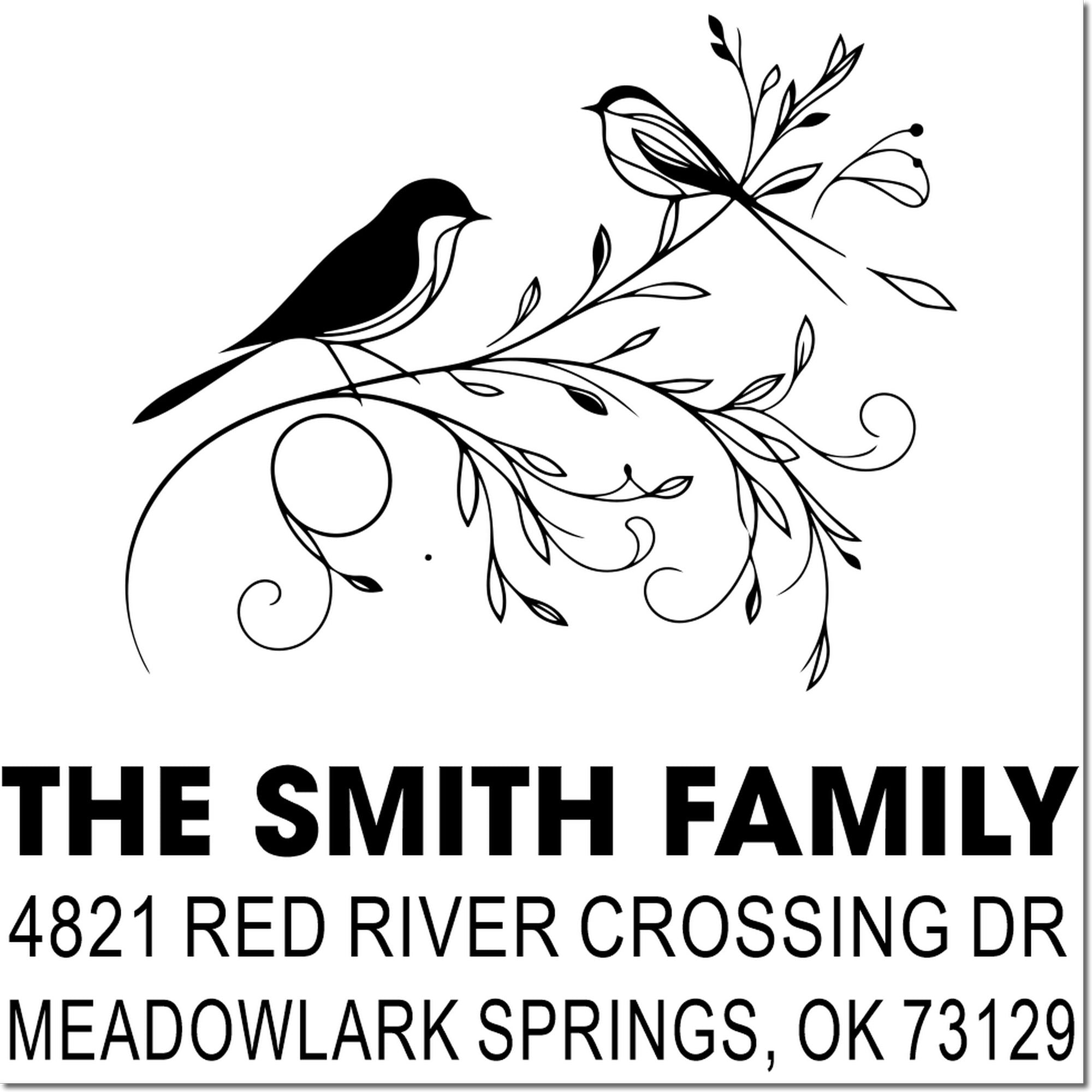 Custom rubber address stamp with bird and floral design, The Smith Family, 4821 Red River Crossing Dr, Meadowlark Springs, OK 73129