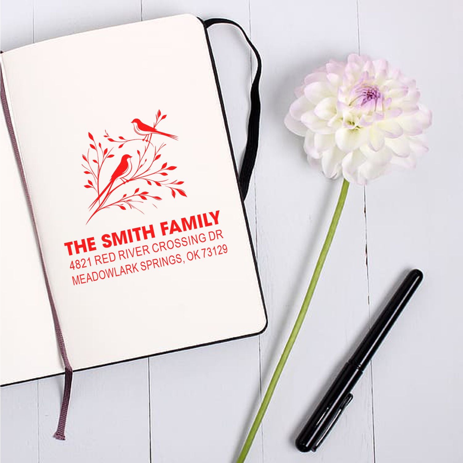Custom family return address rubber stamp with bird design, personalized mailing stamp for envelopes, notebooks, and wedding stationery.