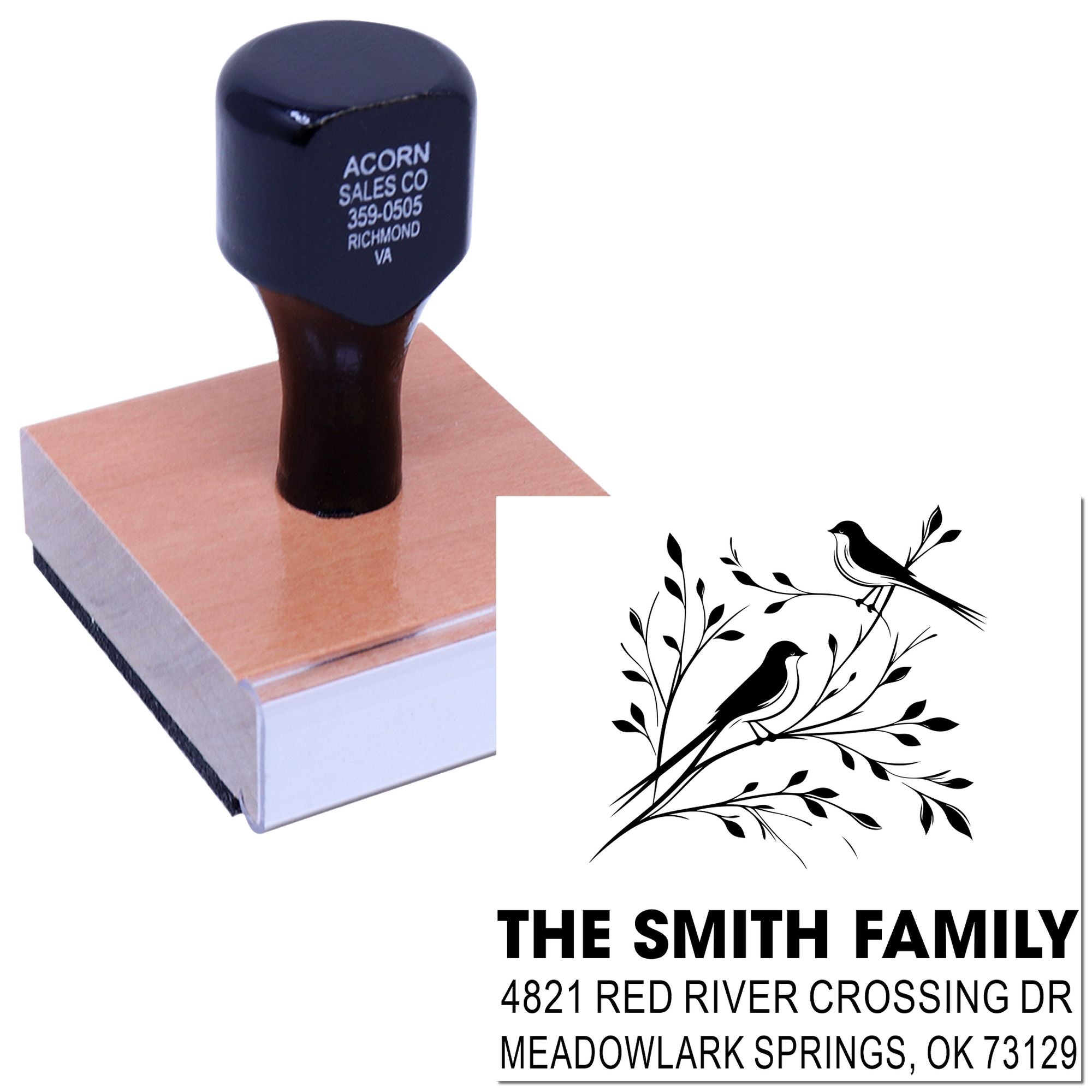 Custom rubber stamp with bird branch design and return address for The Smith Family, ideal for mailing envelopes and personalized stationery</final