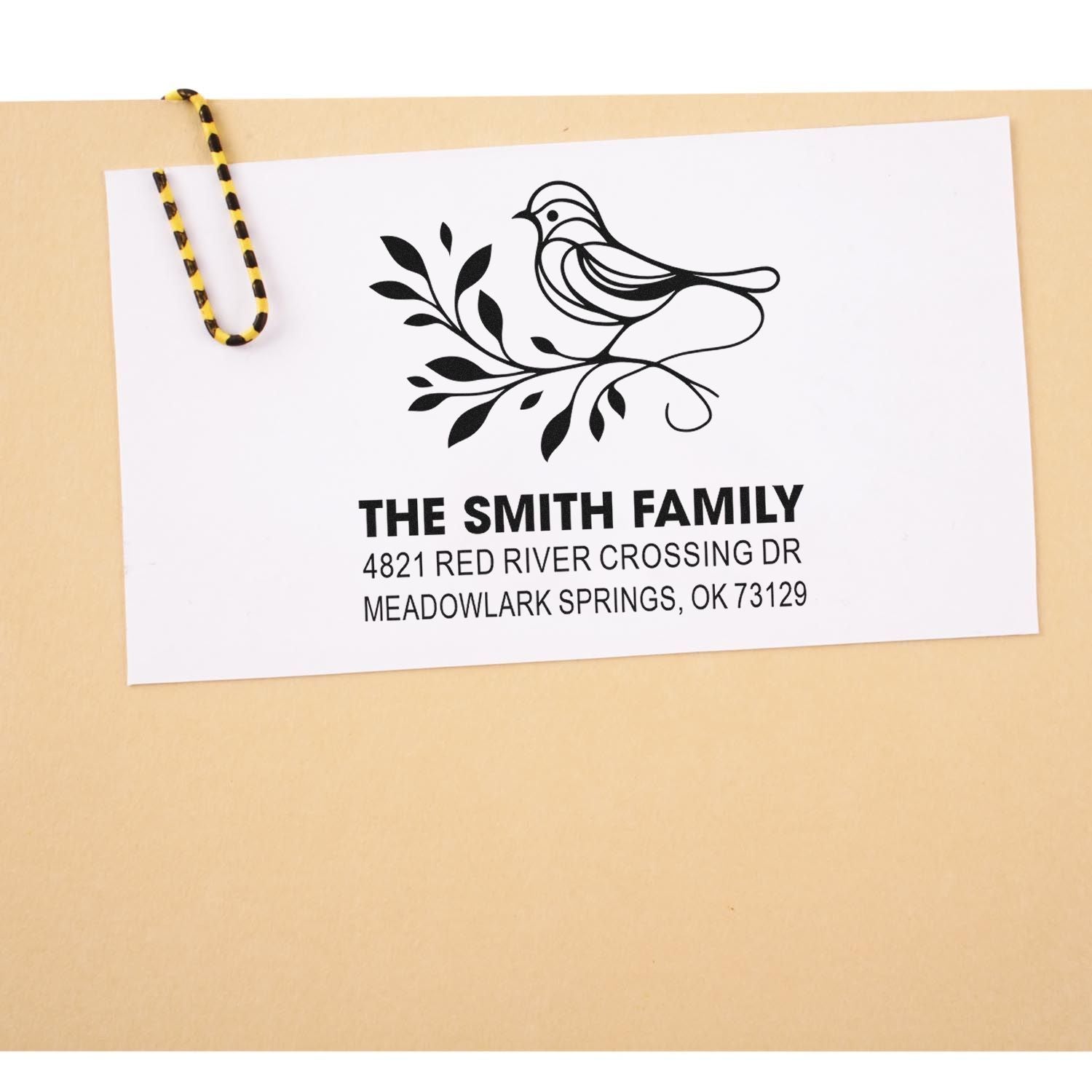 Personalized return address rubber stamp with bird and leafy branch design for The Smith Family, Meadowlark Springs, OK mailing label stamp