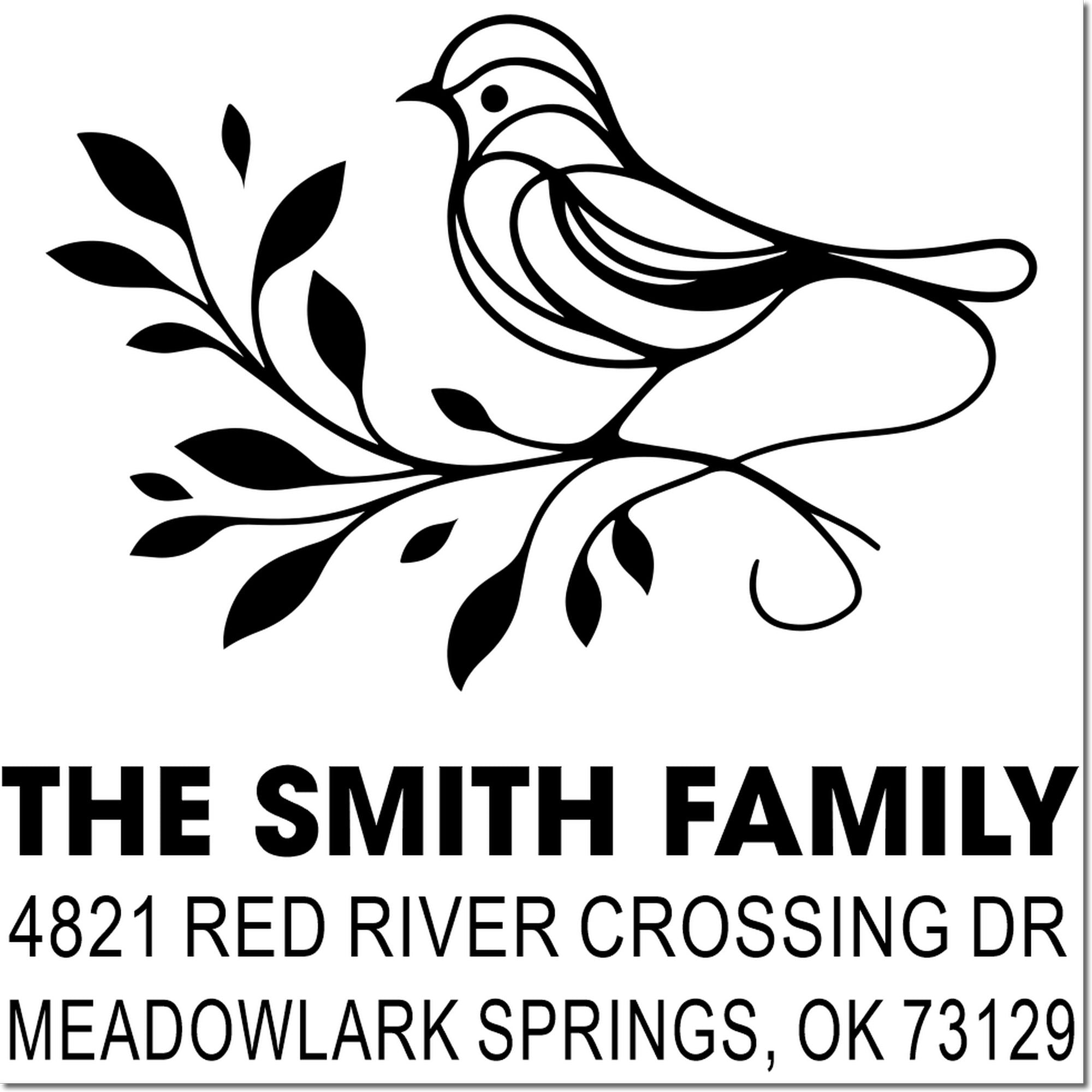 Custom return address rubber stamp with bird and leafy branch design, featuring The Smith family, 4821 Red River Crossing Dr, Meadowlark Springs, OK 73129
