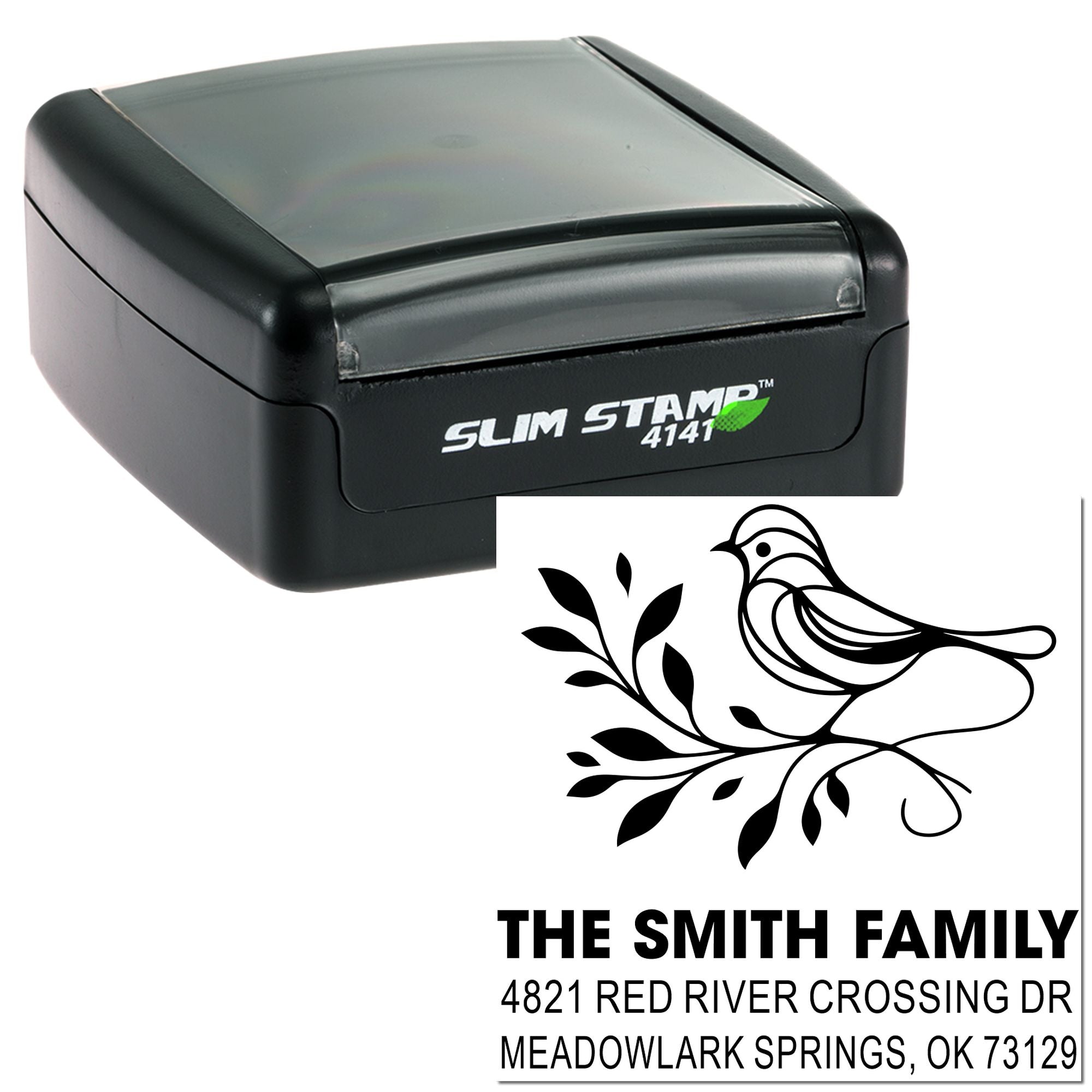 Custom self-inking rubber stamp with bird and branch design, family name and address, slim stamp 4141 for return mail and personal branding