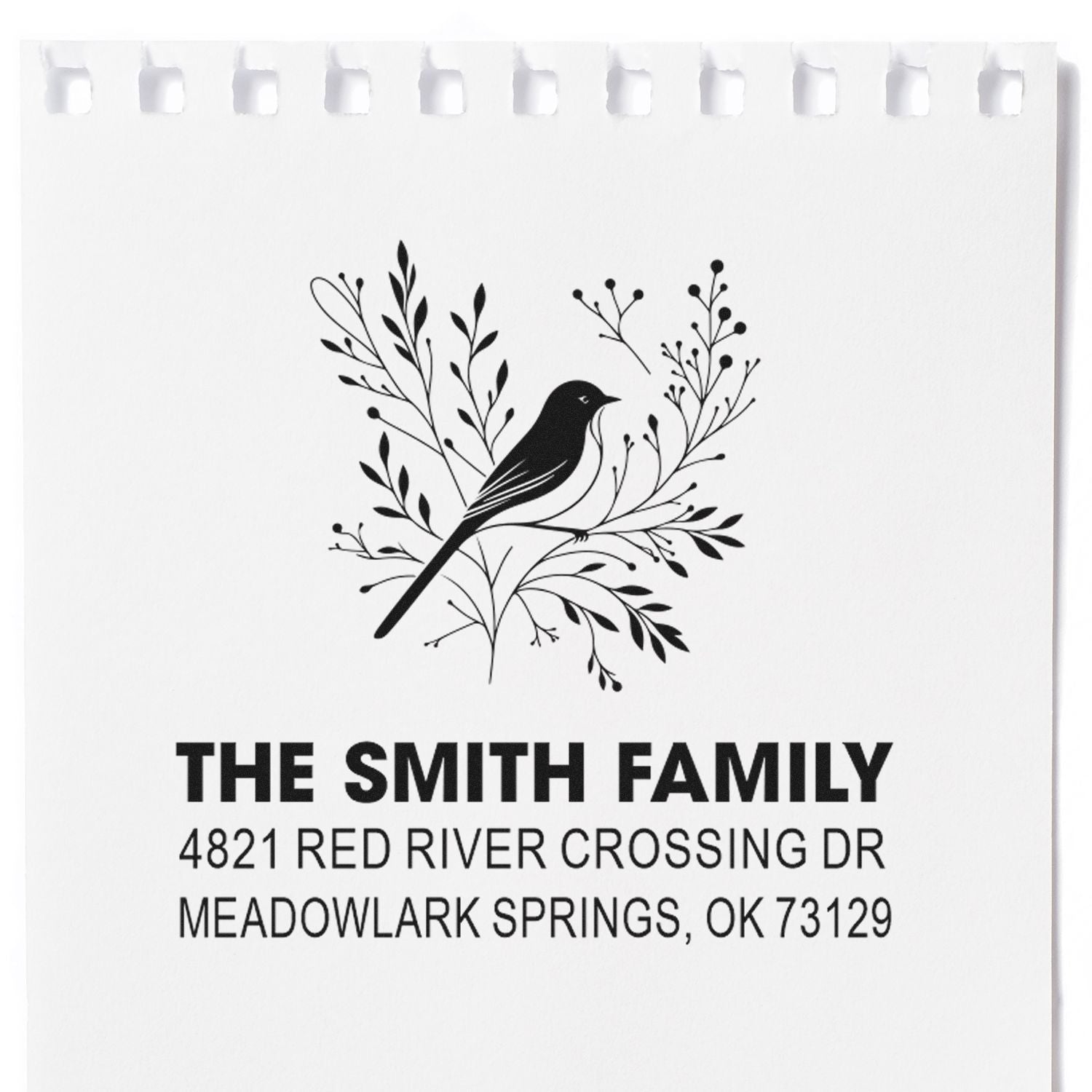 Personalized return address rubber stamp with bird and botanical design, The Smith Family, 4821 Red River Crossing Dr, Meadowlark Springs OK 73129