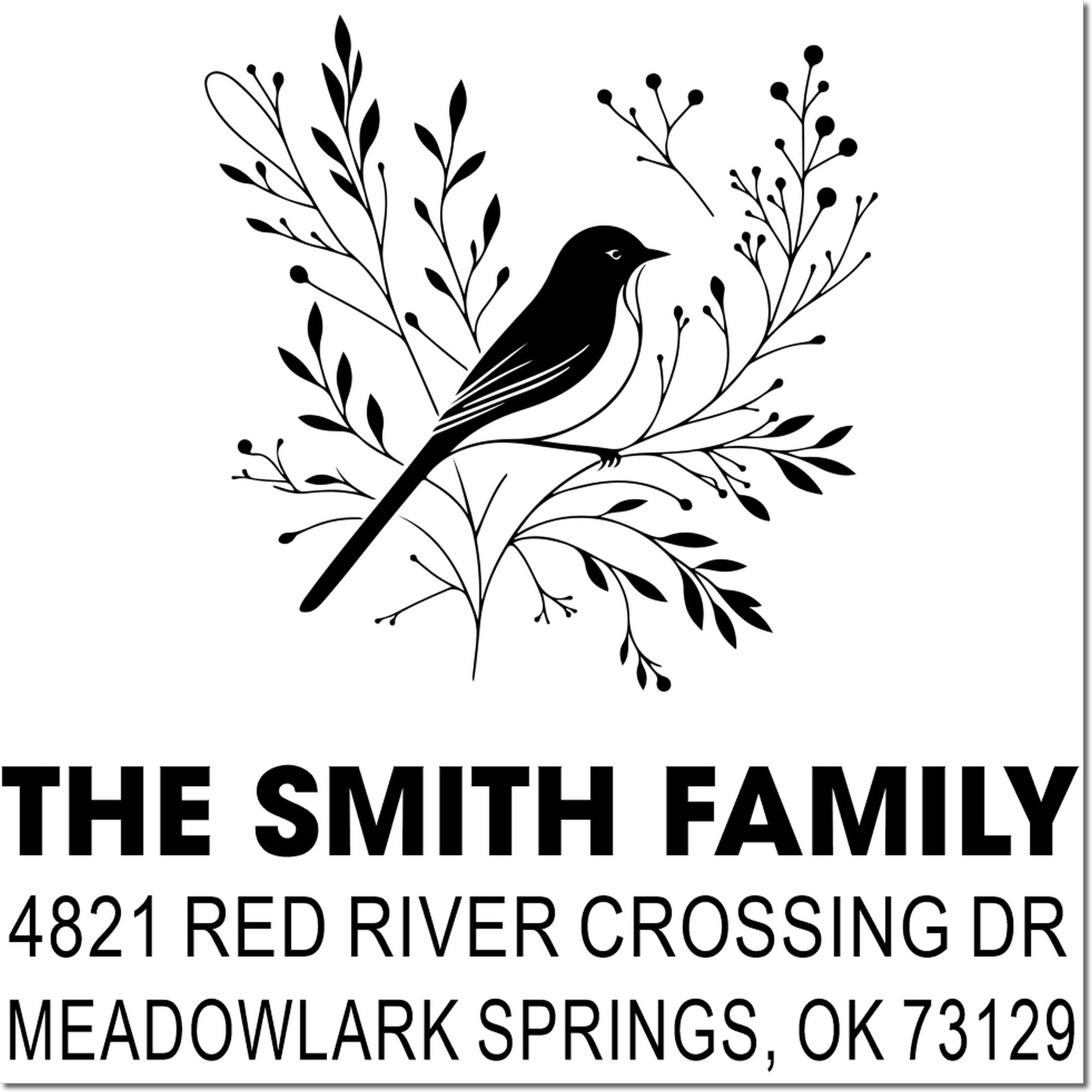 Custom self-inking address stamp with bird and branch design, The Smith Family, 4821 Red River Crossing Dr, Meadowlark Springs, OK 73129