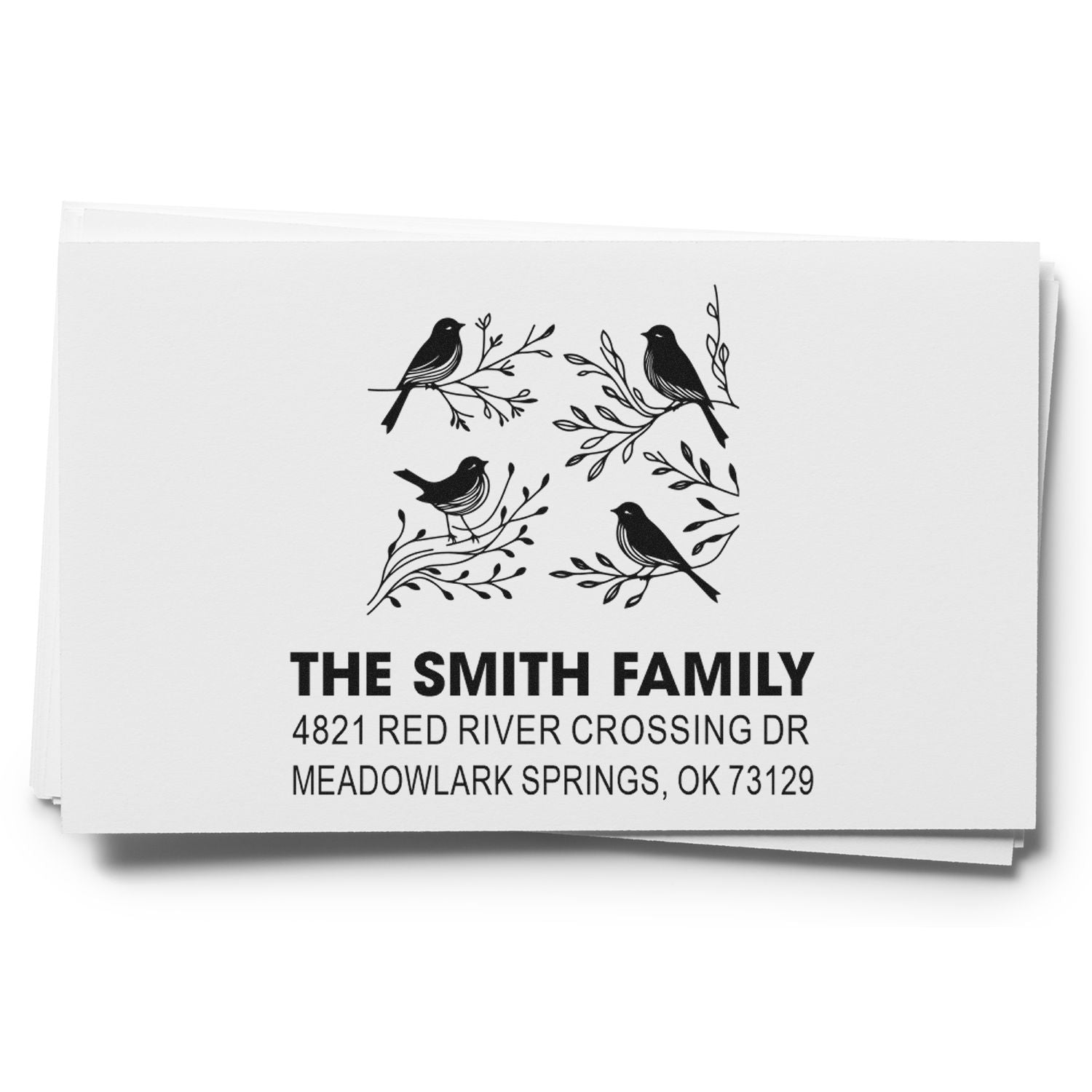 Custom rubber stamp design with birds and leafy branches, personalized family name and address for home mailing, wedding invites, or stationery.