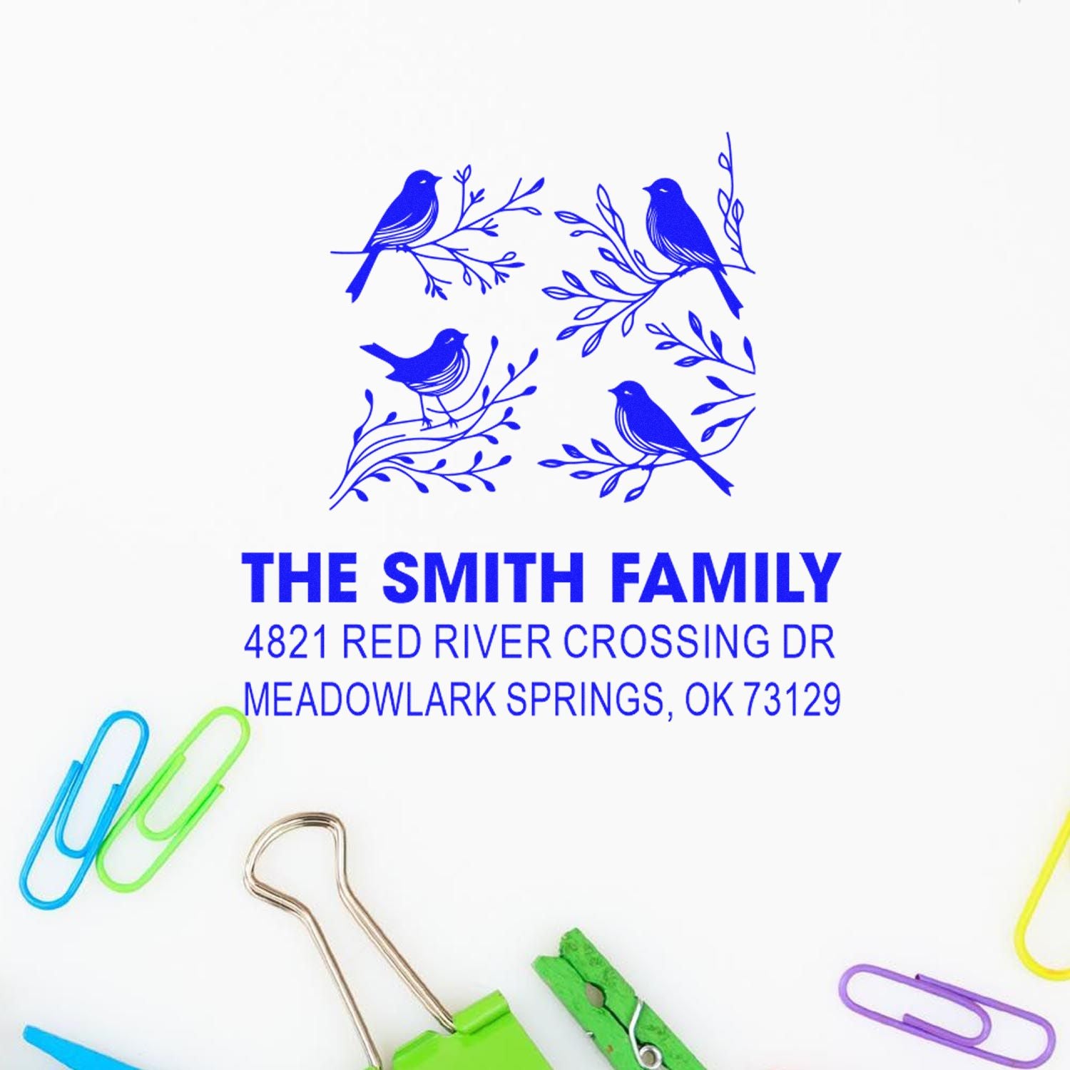 Custom return address rubber stamp with bird branch design for The Smith Family, 4821 Red River Crossing Dr, Meadowlark Springs, OK 73129