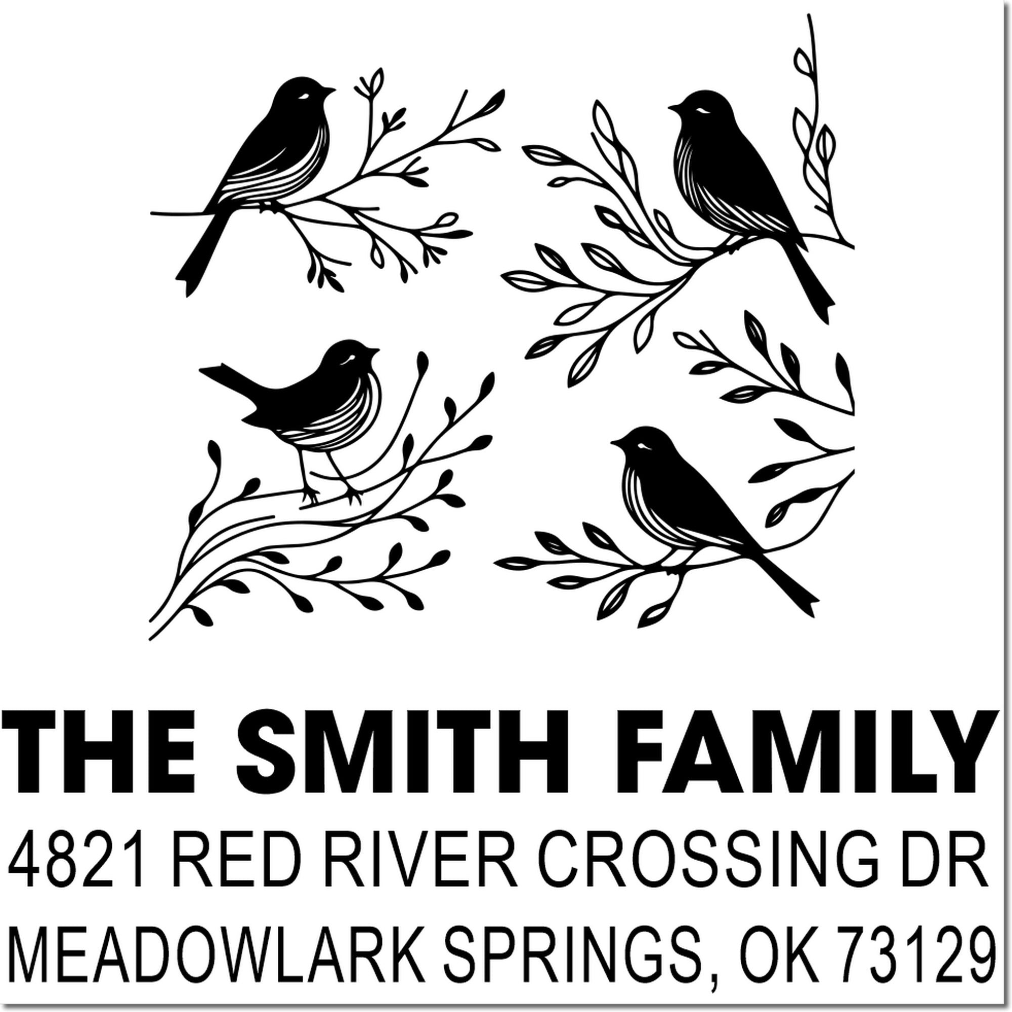Custom return address rubber stamp with bird and branch design for The Smith family, 4821 Red River Crossing Dr, Meadowlark Springs, OK 73129