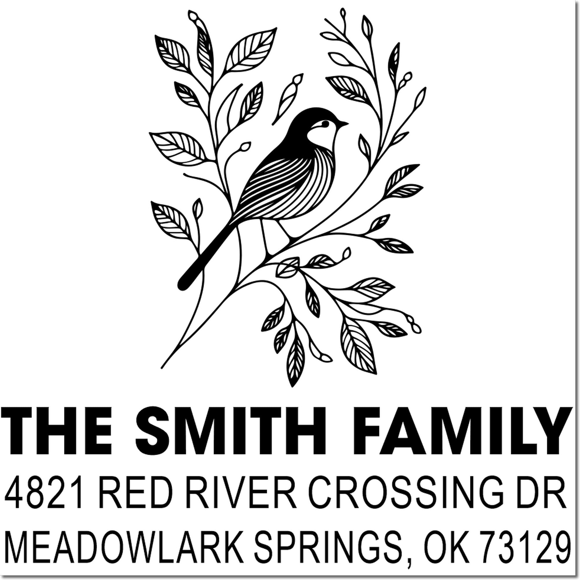 Custom rubber stamp with bird and botanical design, featuring The Smith Family name and return address for Meadowlark Springs, OK 73129.
