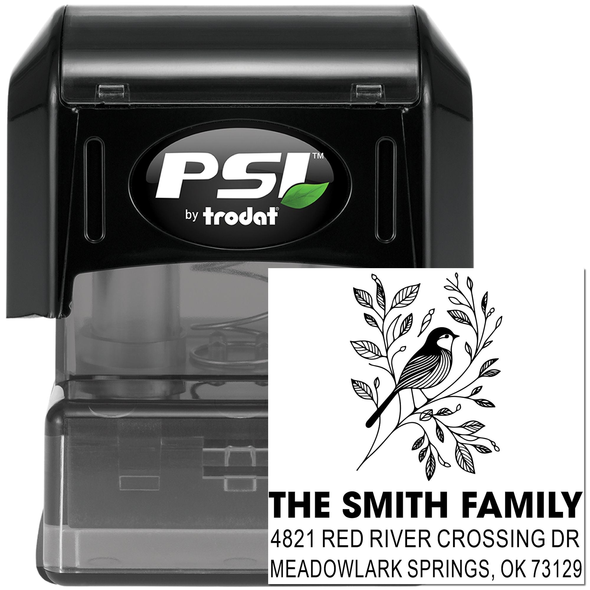 Custom self-inking address stamp with bird and leaves design, personalized family name and return address, black PSI by Trodat rubber stamp