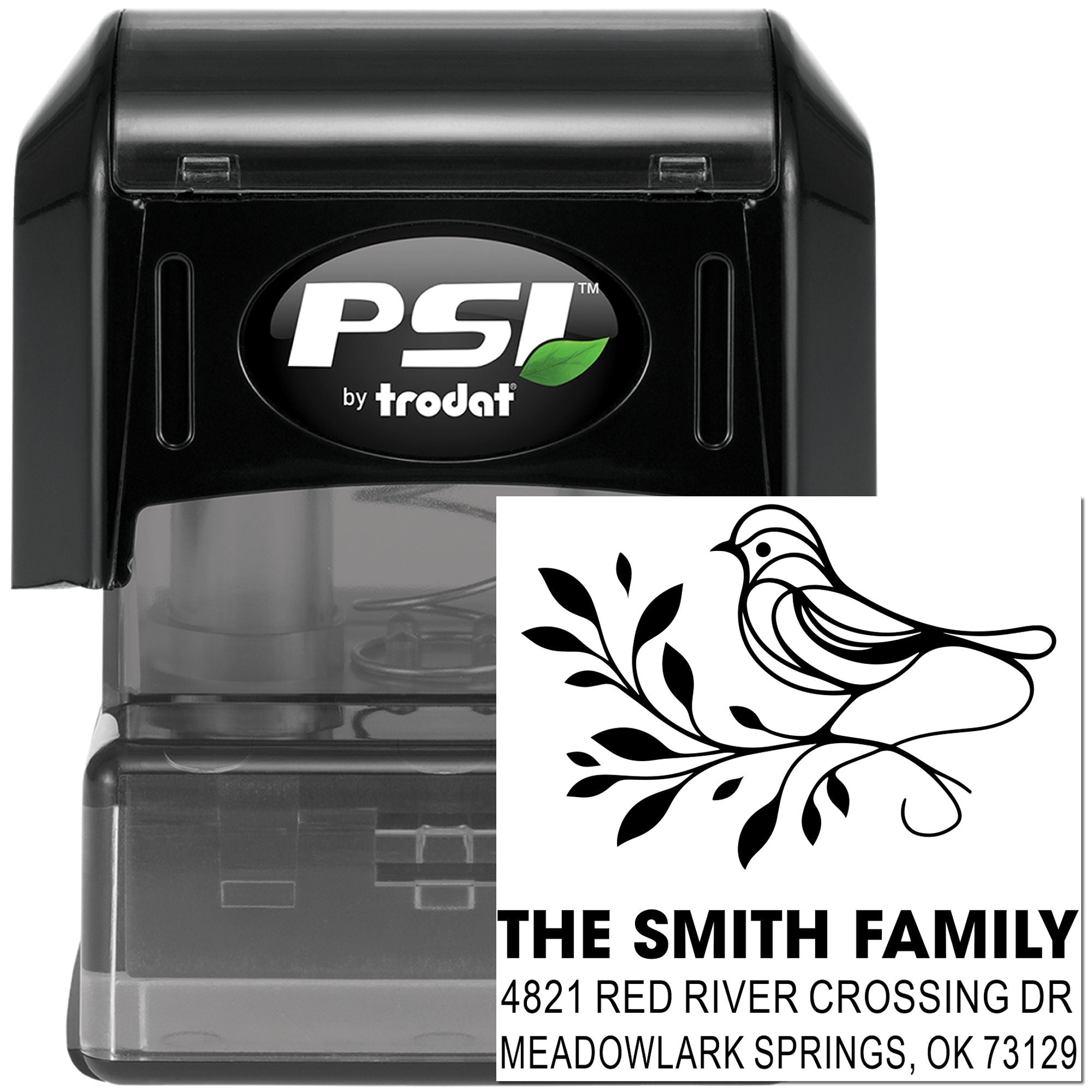 Custom self-inking address stamp with bird and leaf design, personalized family name and return address, black PSI by Trodat rubber stamp.