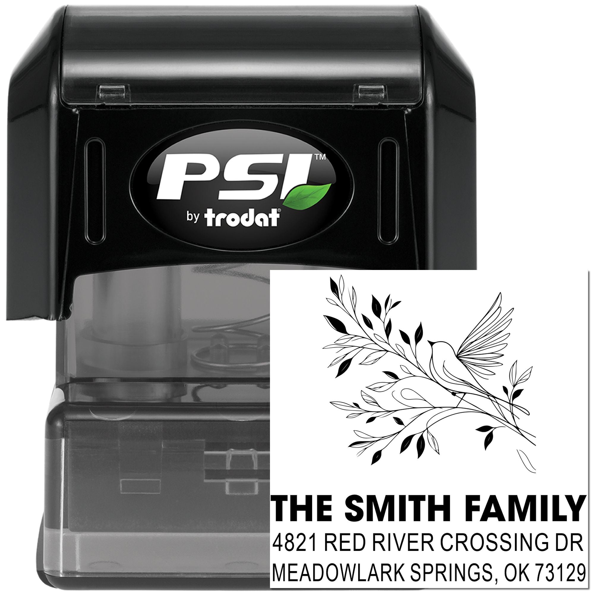 PSI by Trodat self-inking rubber address stamp with custom family name, leafy design, and return address for personalized mailing and envelopes