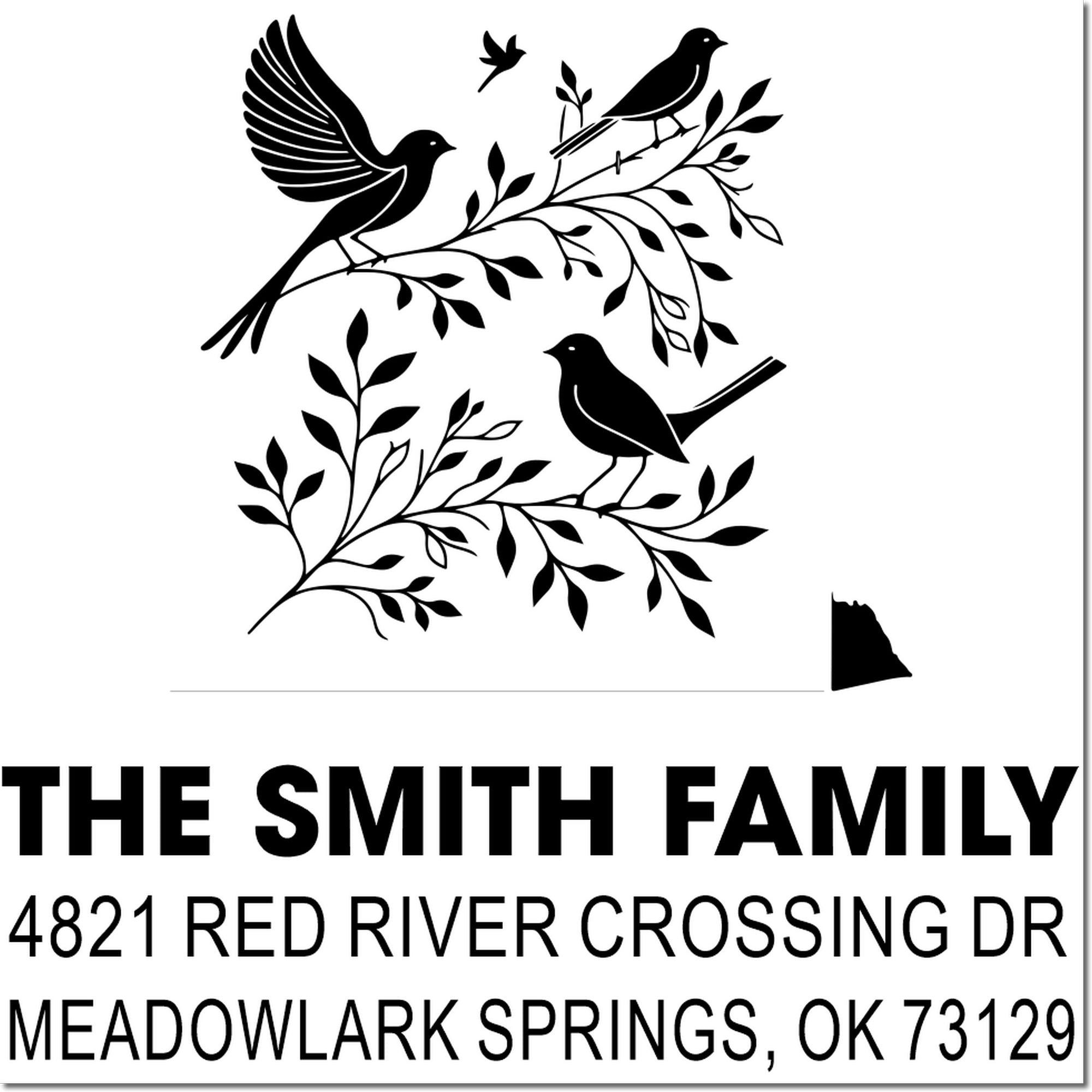 Custom return address rubber stamp with bird and branch design for Smith family, 4821 Red River Crossing Dr, Meadowlark Springs, OK 73129