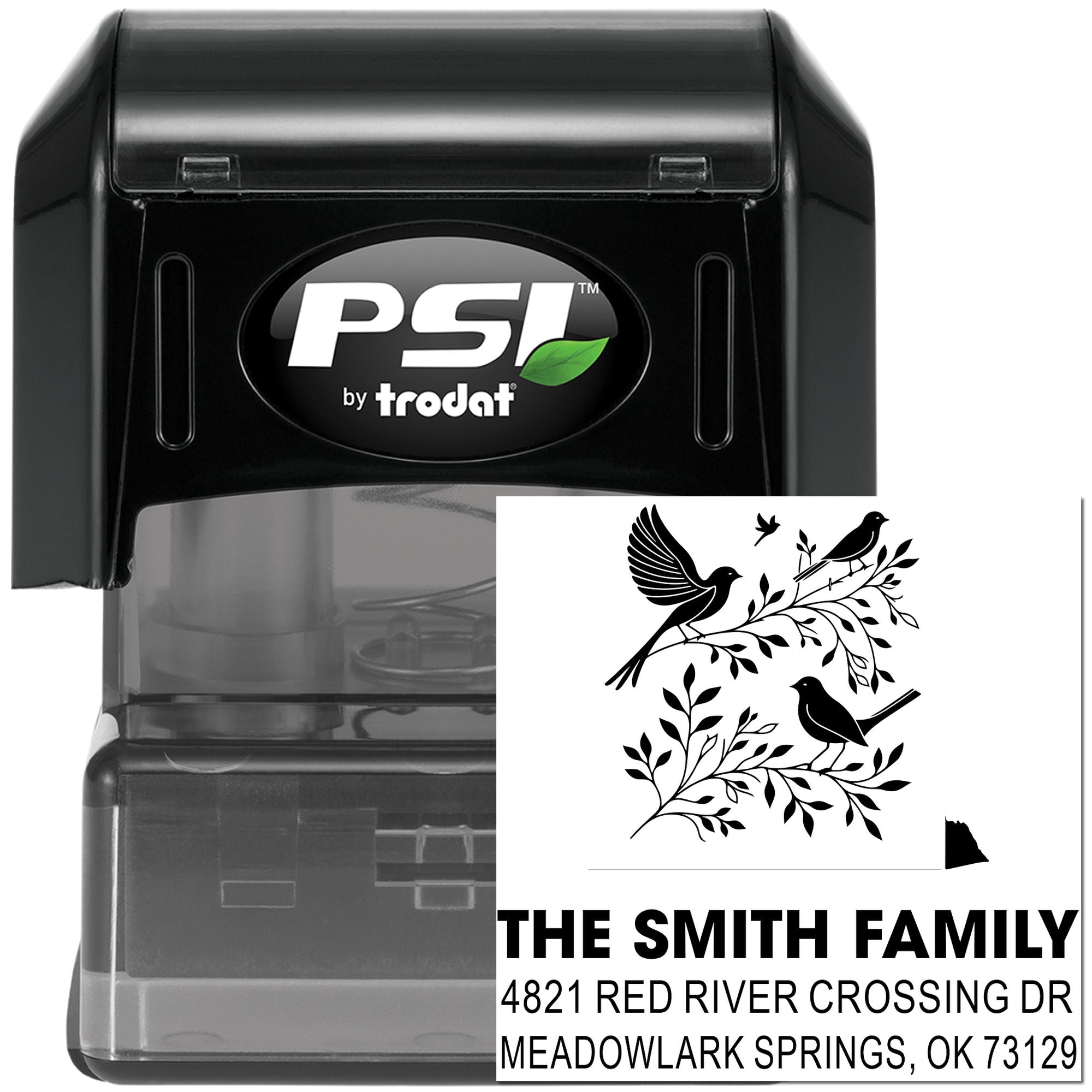 Custom PSI by trodat self-inking address stamp with bird branch artwork, The Smith Family return address, black rubber stamp for home mailings
