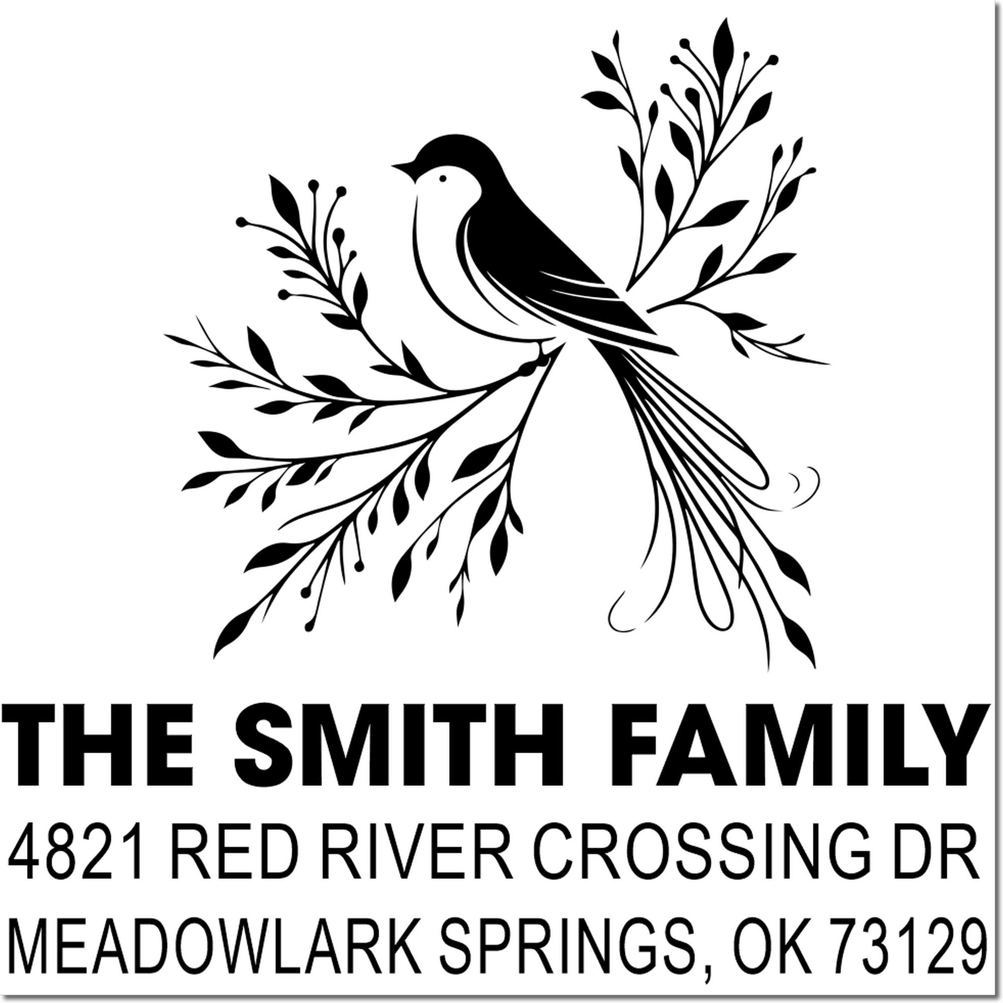 Custom address rubber stamp with decorative bird and floral design, The Smith Family, 4821 Red River Crossing Dr, Meadowlark Springs, OK 73129