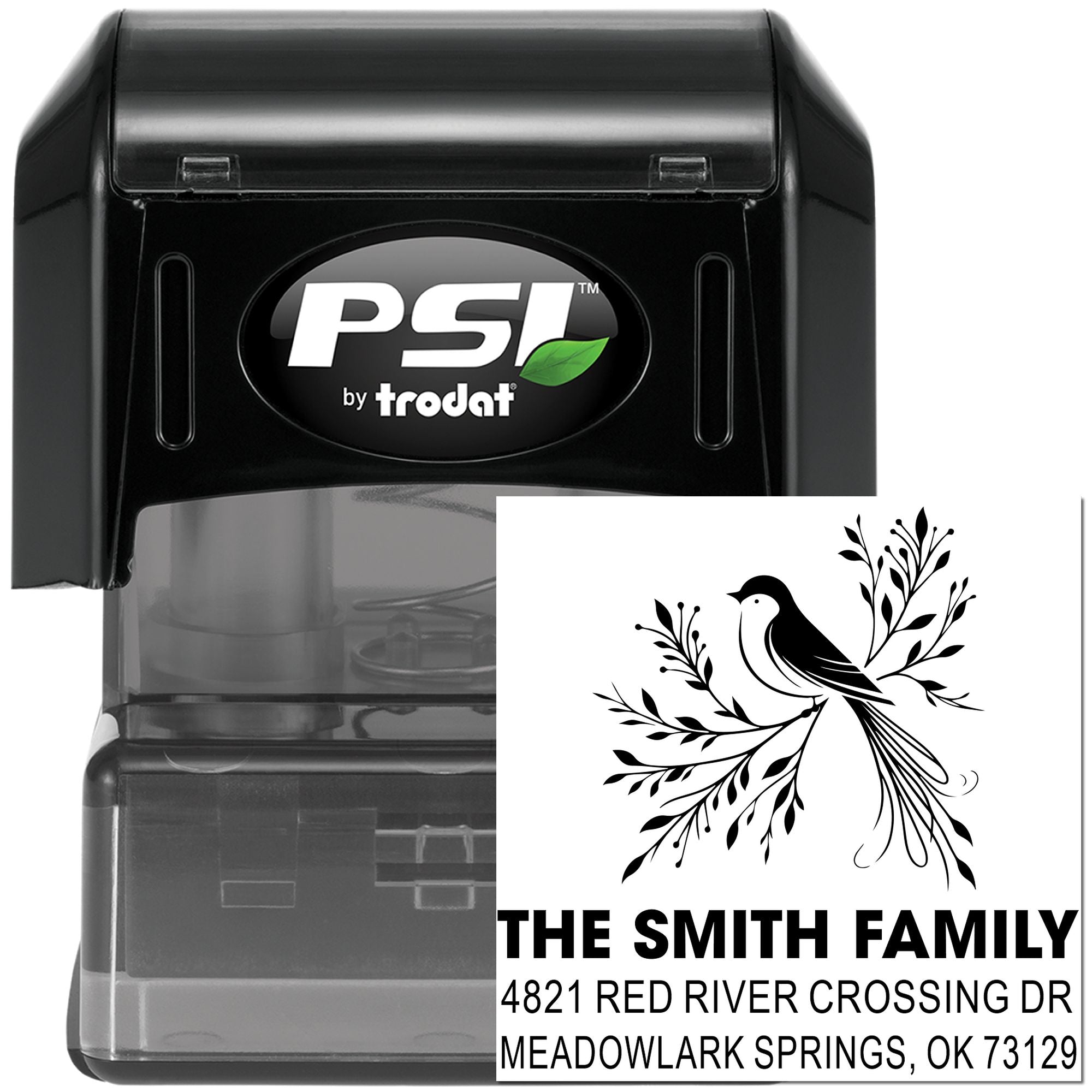 PSI by trodat self-inking rubber address stamp with custom bird design, Smith Family name, and mailing address for personalized envelopes and labels