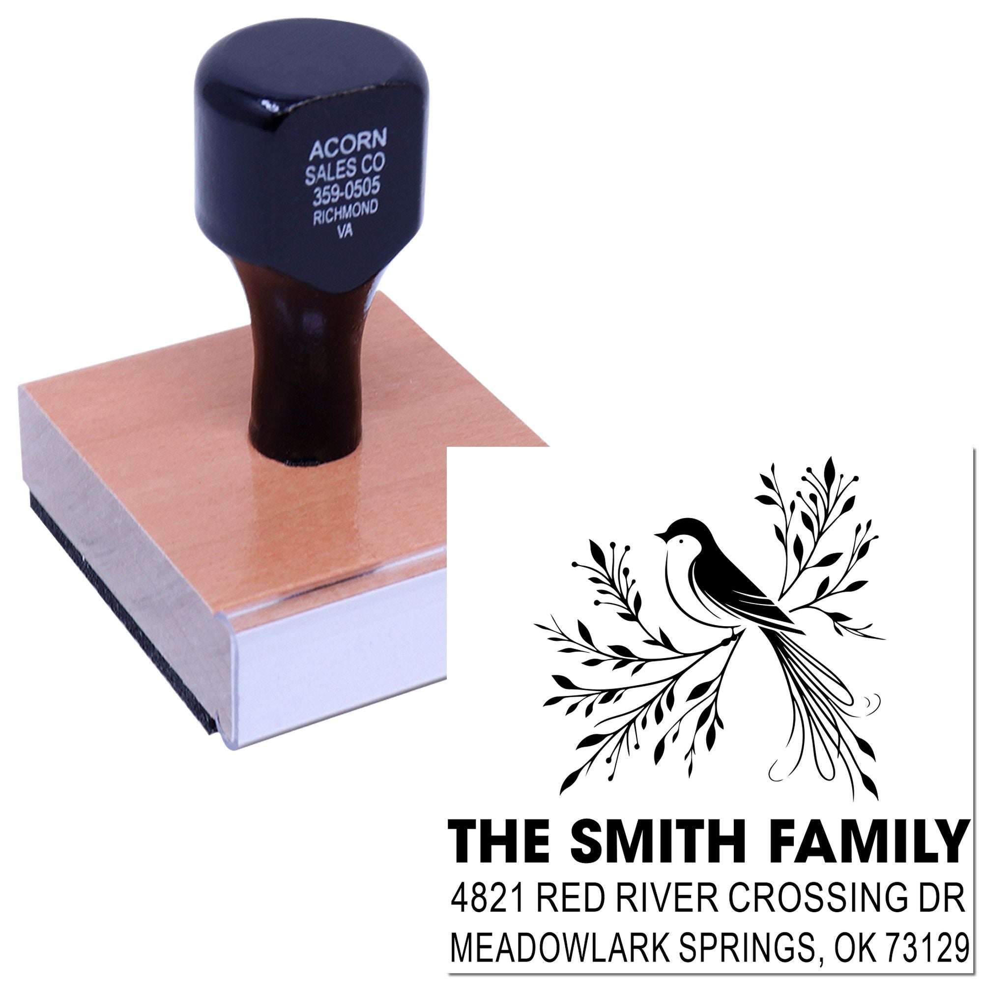 Custom rubber address stamp with bird and branch design, personalized family name, street address, city, state and ZIP code for envelopes