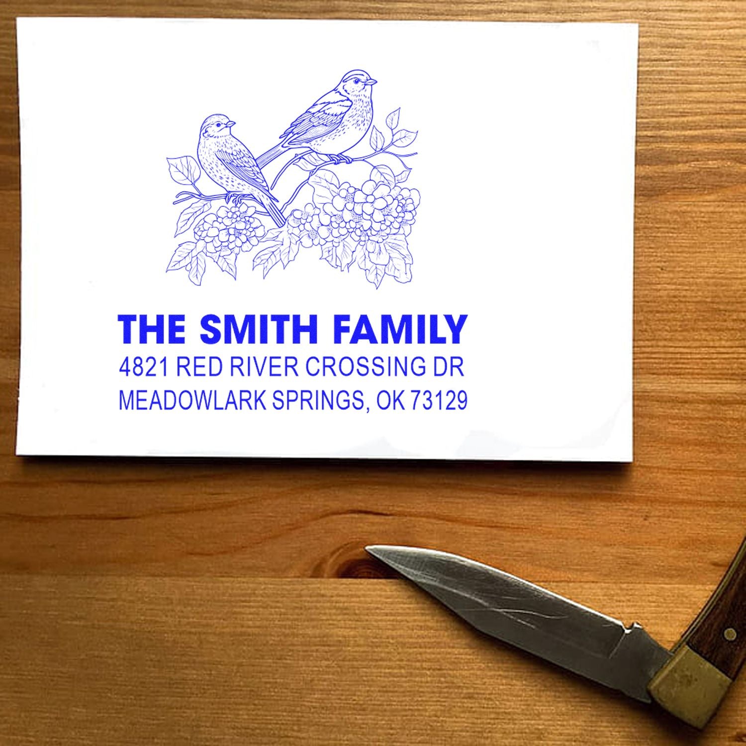 Custom family address rubber stamp with birds and floral design, personalized return address stamp for The Smith Family, Meadowlark Springs OK 73129