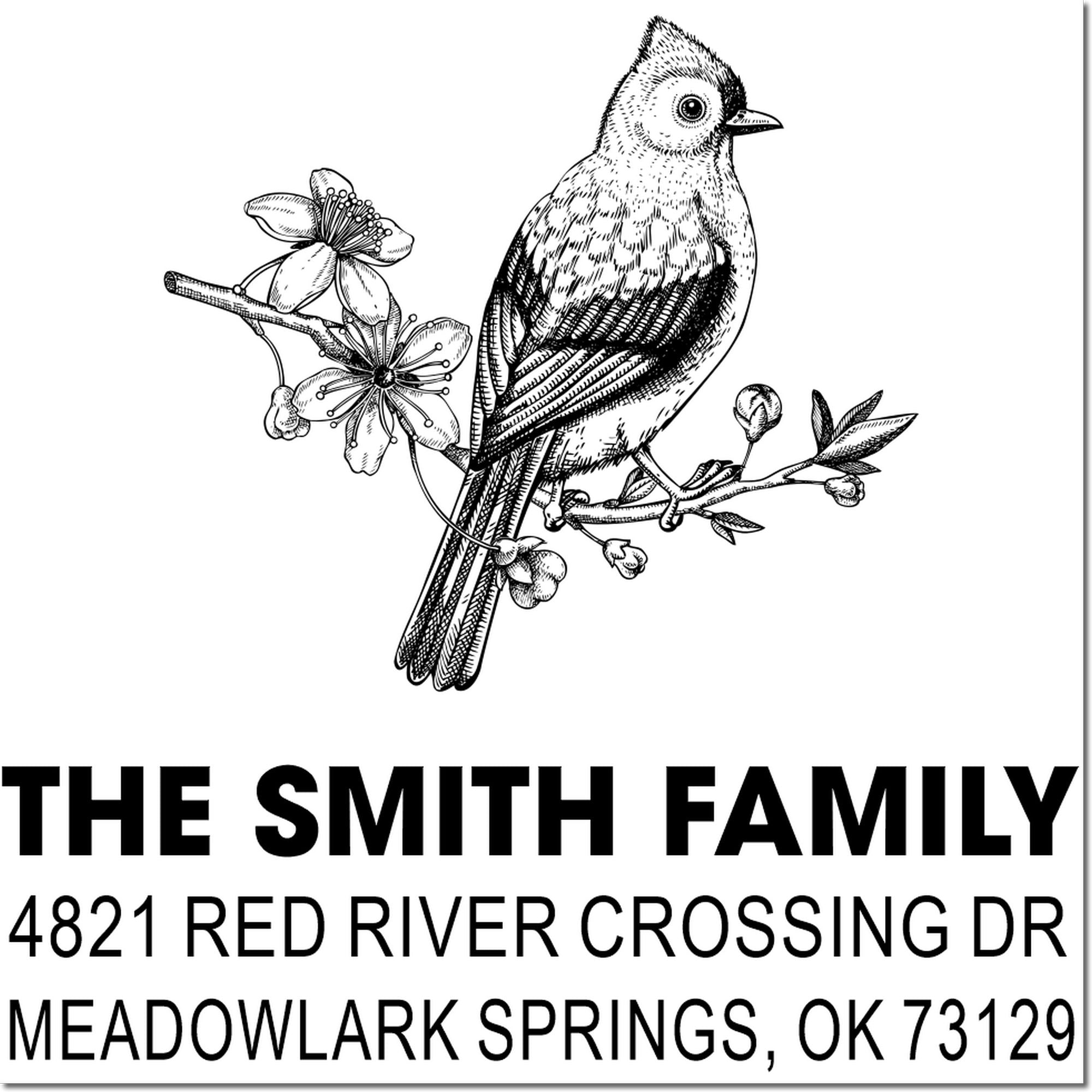 Custom return address rubber stamp with bird and cherry blossom branch design, Smith family name, Meadowlark Springs, OK 73129