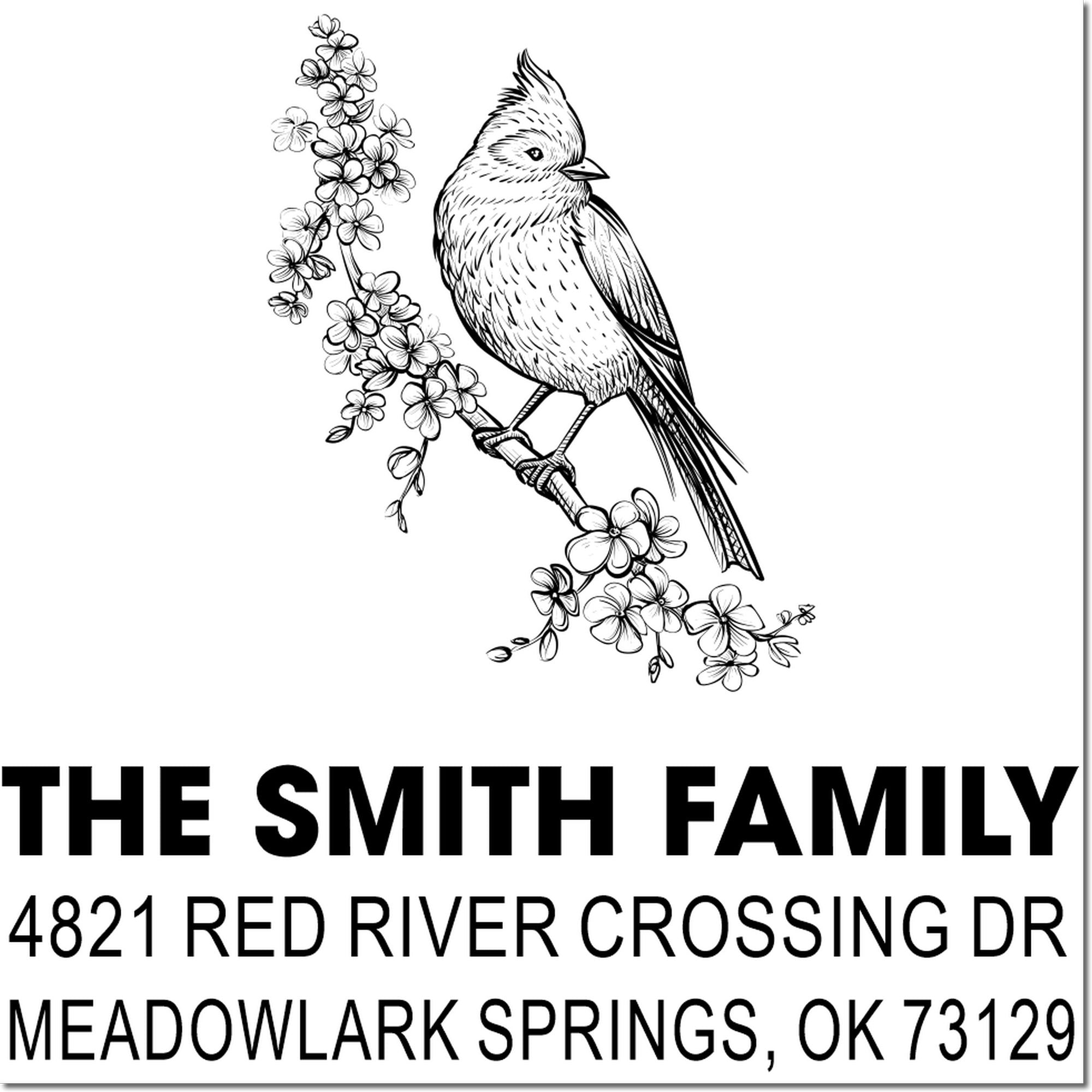 Custom address rubber stamp with floral bird design, Smith family name, Red River Crossing Dr address, Meadowlark Springs, OK 73129 for mailing use