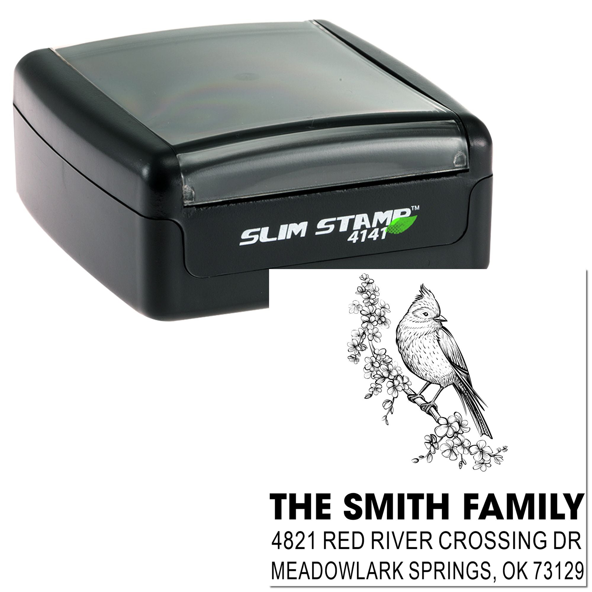Custom slim self-inking rubber stamp with bird and floral design, personalized family name and address return address stamp for mailing