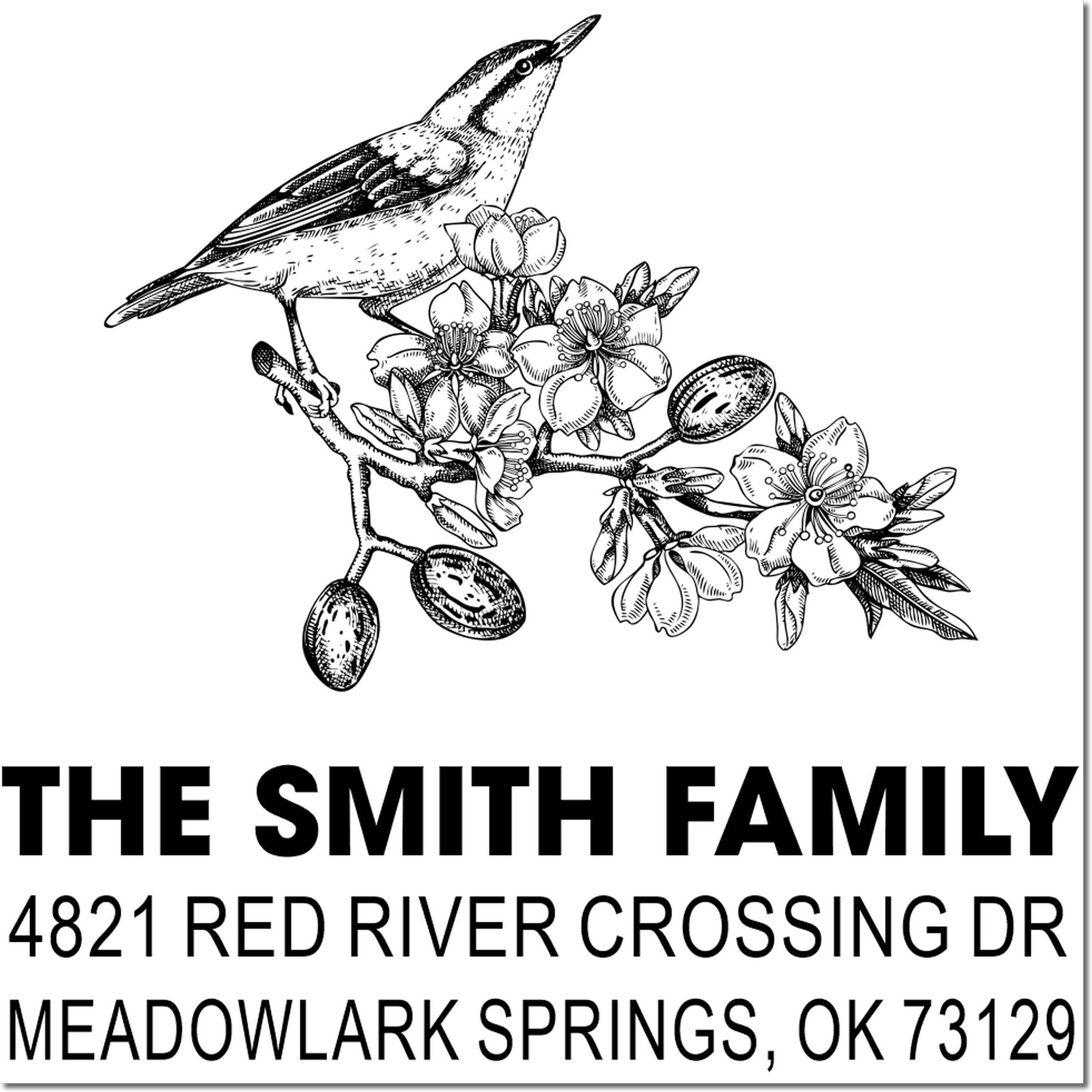 Custom rubber stamp featuring bird and blossom branch illustration with The Smith Family name and Meadowlark Springs, OK return address.