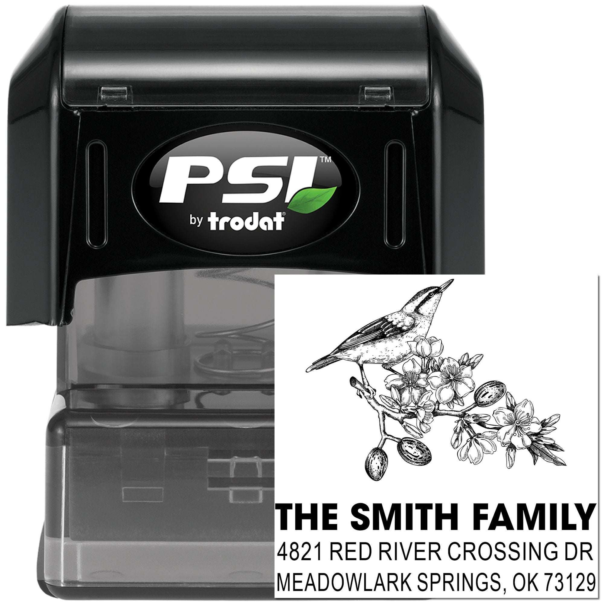 PSI by Trodat self-inking rubber stamp with custom bird and floral address design, perfect for family return addresses, weddings, and mail.