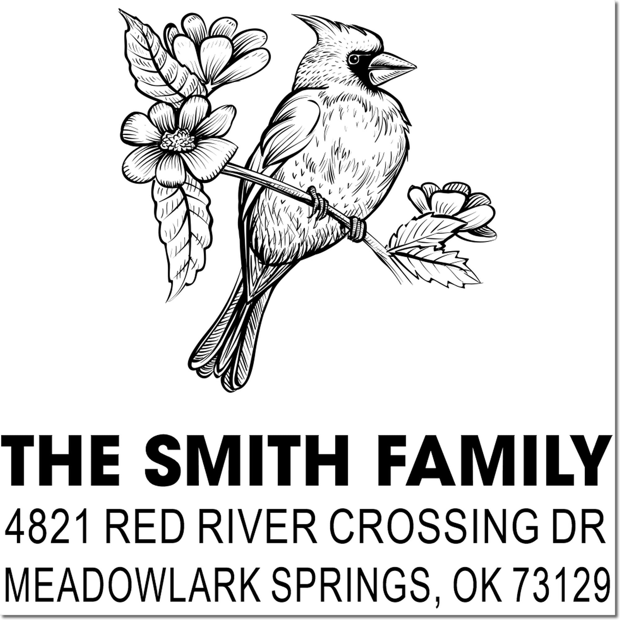 Custom address rubber stamp with cardinal bird and floral design, The Smith family, 4821 Red River Crossing Dr, Meadowlark Springs, OK 73129