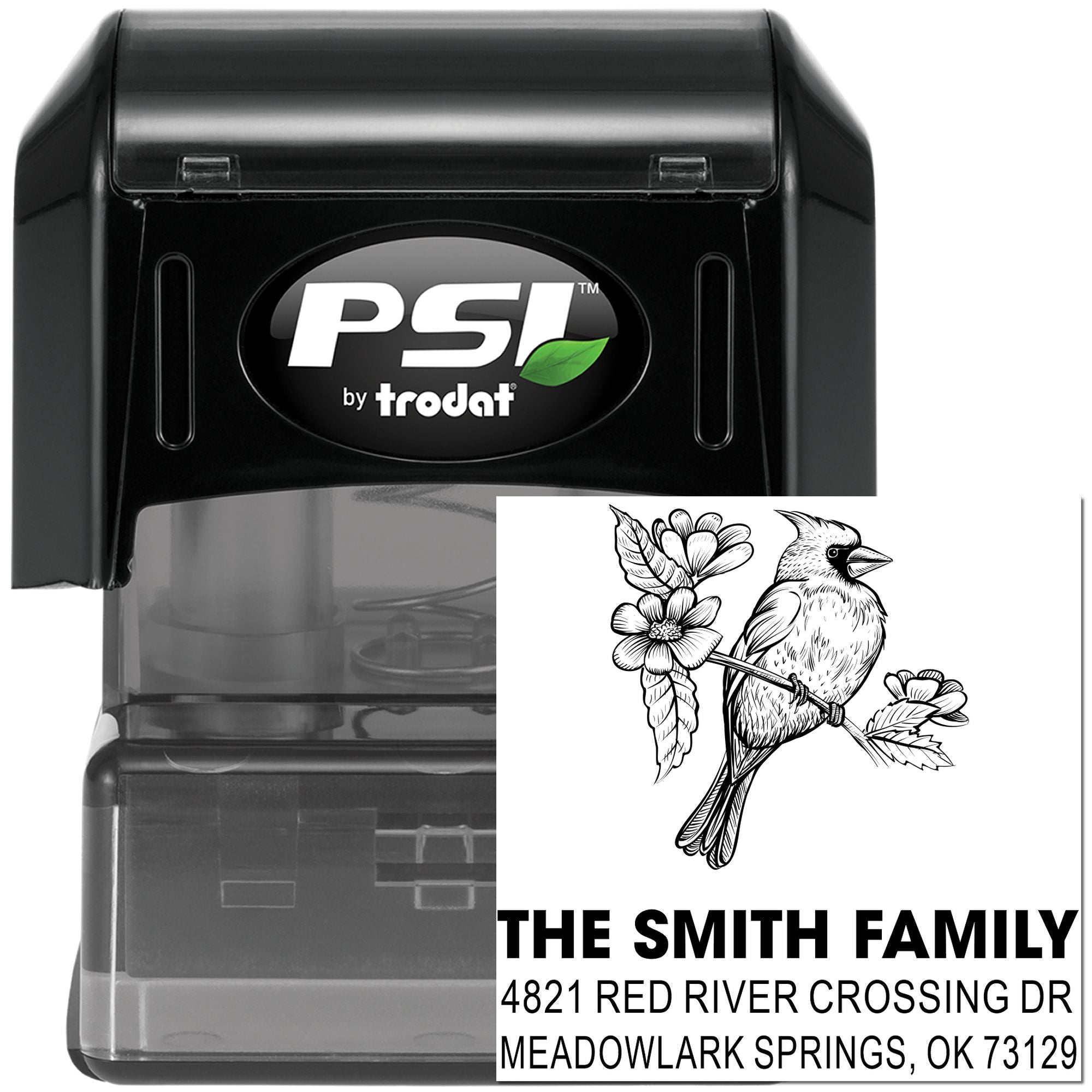 Custom self-inking address stamp with bird and floral design, The Smith Family return address, black PSI by Trodat rubber stamp for mailing