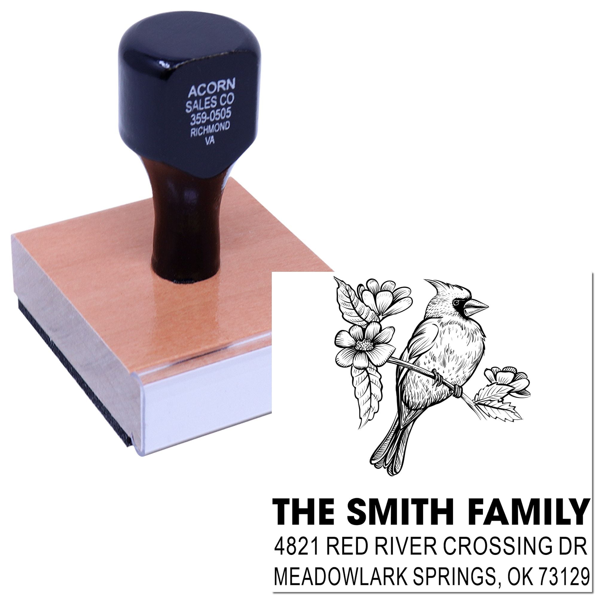 Custom self-inking rubber return address stamp with bird and floral design for The Smith Family, featuring name, street address, and city, OK
