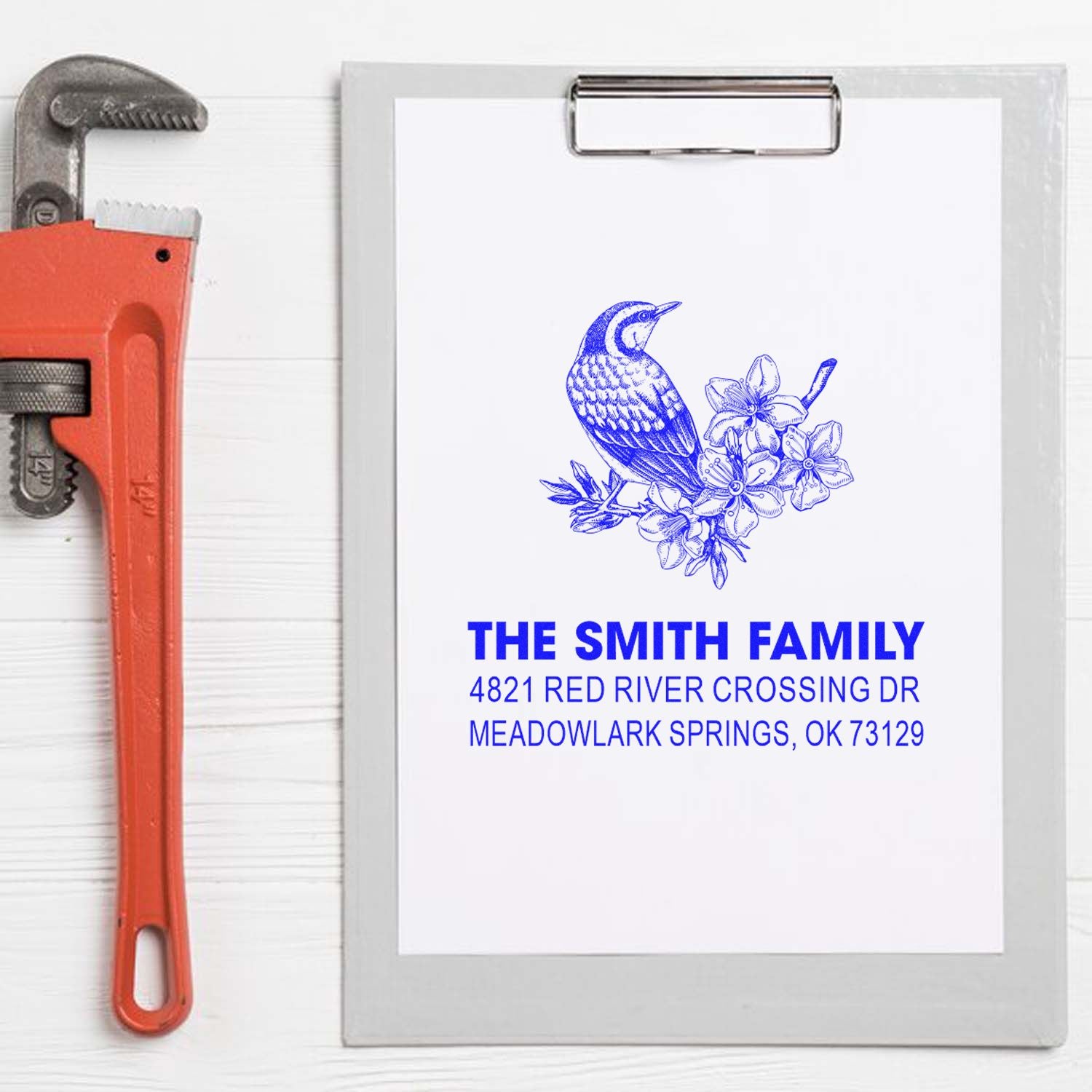 Custom self-inking return address rubber stamp with bird and floral design, personalized for The Smith Family, Meadowlark Springs, OK 73129