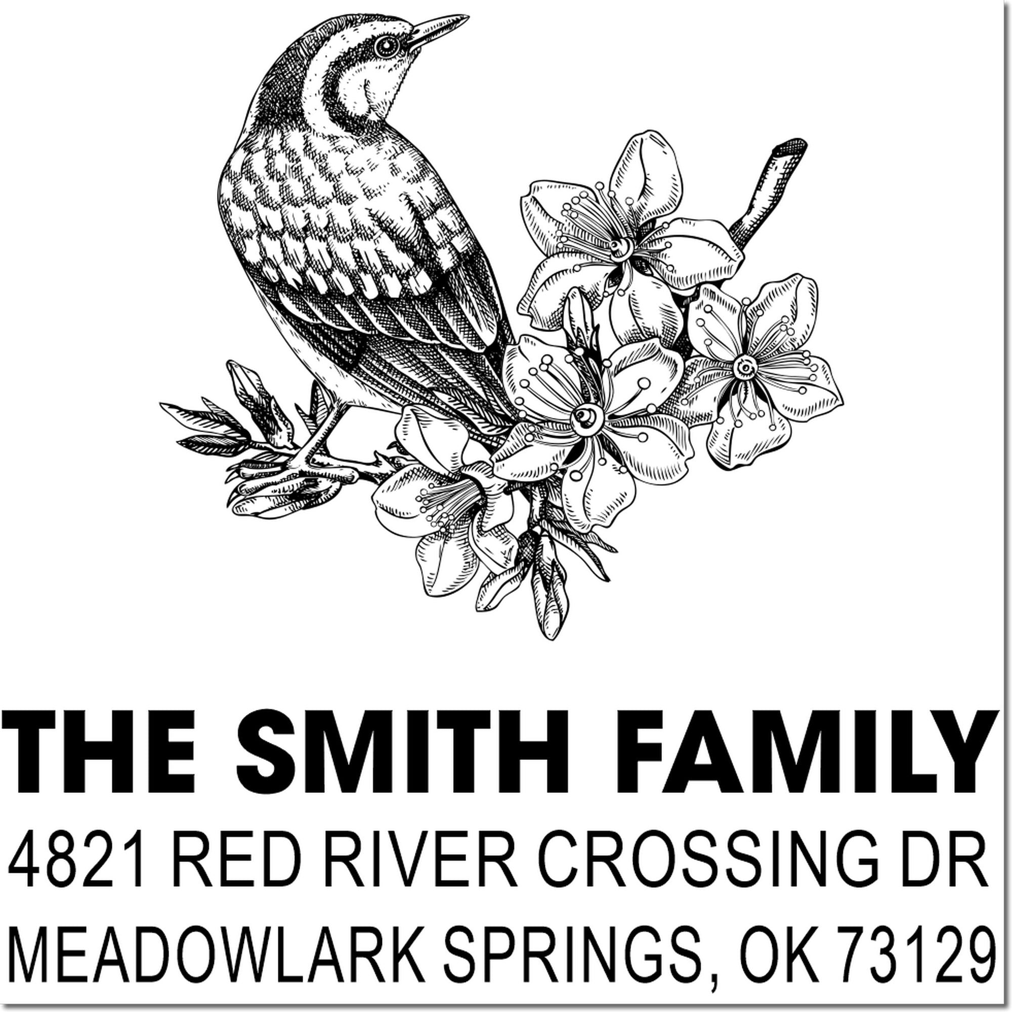Custom return address rubber stamp with bird and floral design for The Smith Family, 4821 Red River Crossing Dr, Meadowlark Springs, OK 73129