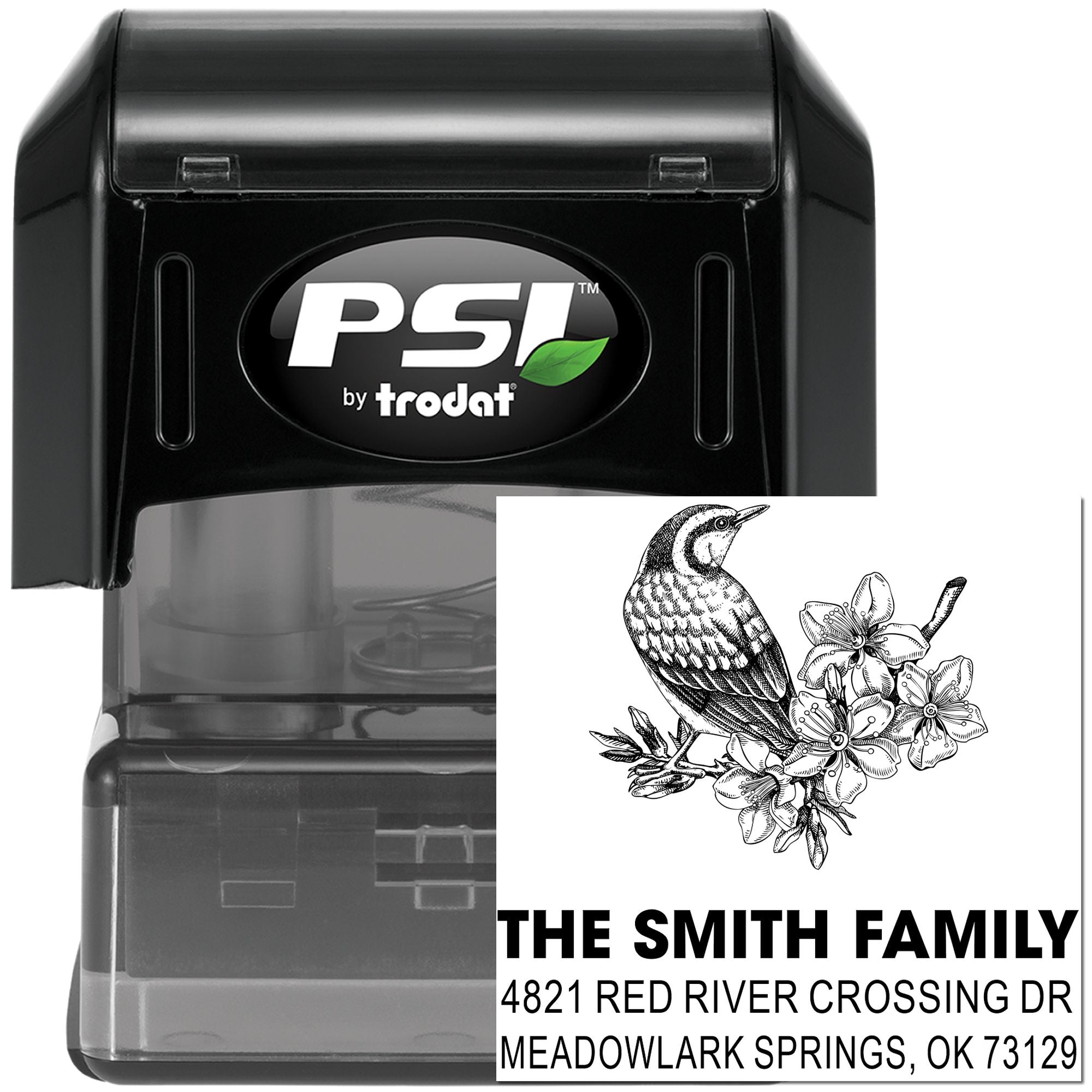 Self-inking custom return address stamp with bird and floral design, PSI by Trodat rubber stamp for The Smith Family, Meadowlark Springs, OK