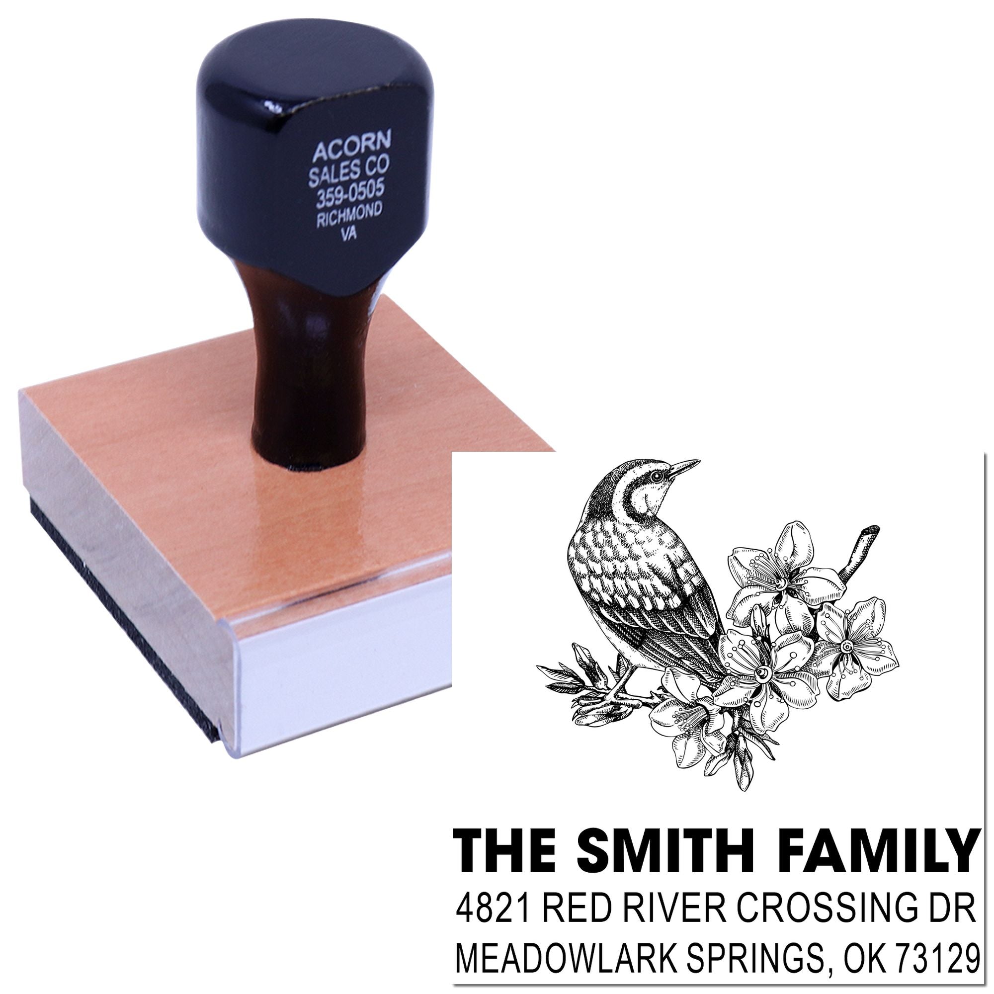 Custom self-inking rubber stamp with bird and floral design, personalized family name and address return stamp for mail, wedding, or home use