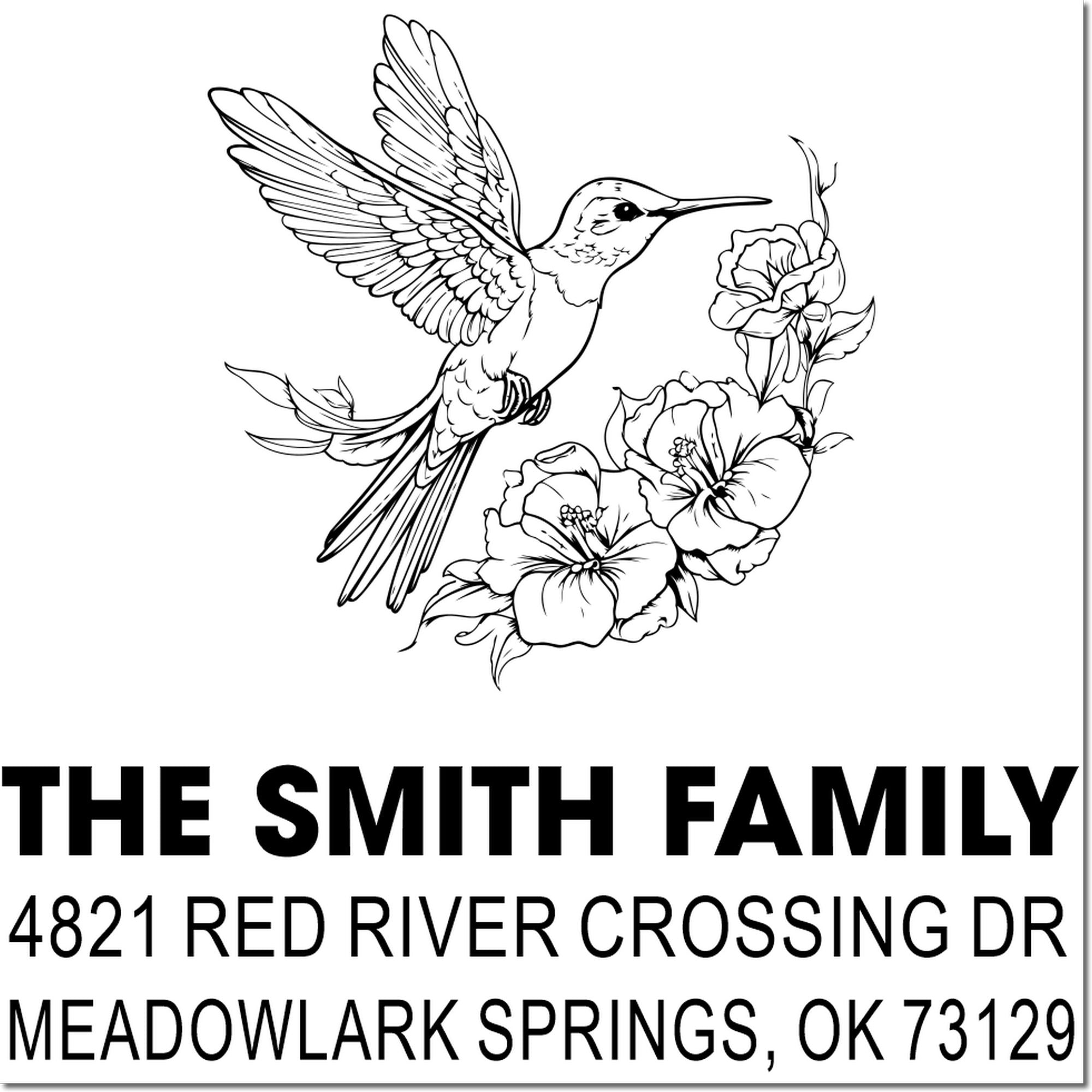 Custom rubber stamp with hummingbird and floral design, featuring The Smith Family return address: 4821 Red River Crossing Dr, Meadowlark Springs, OK 73129