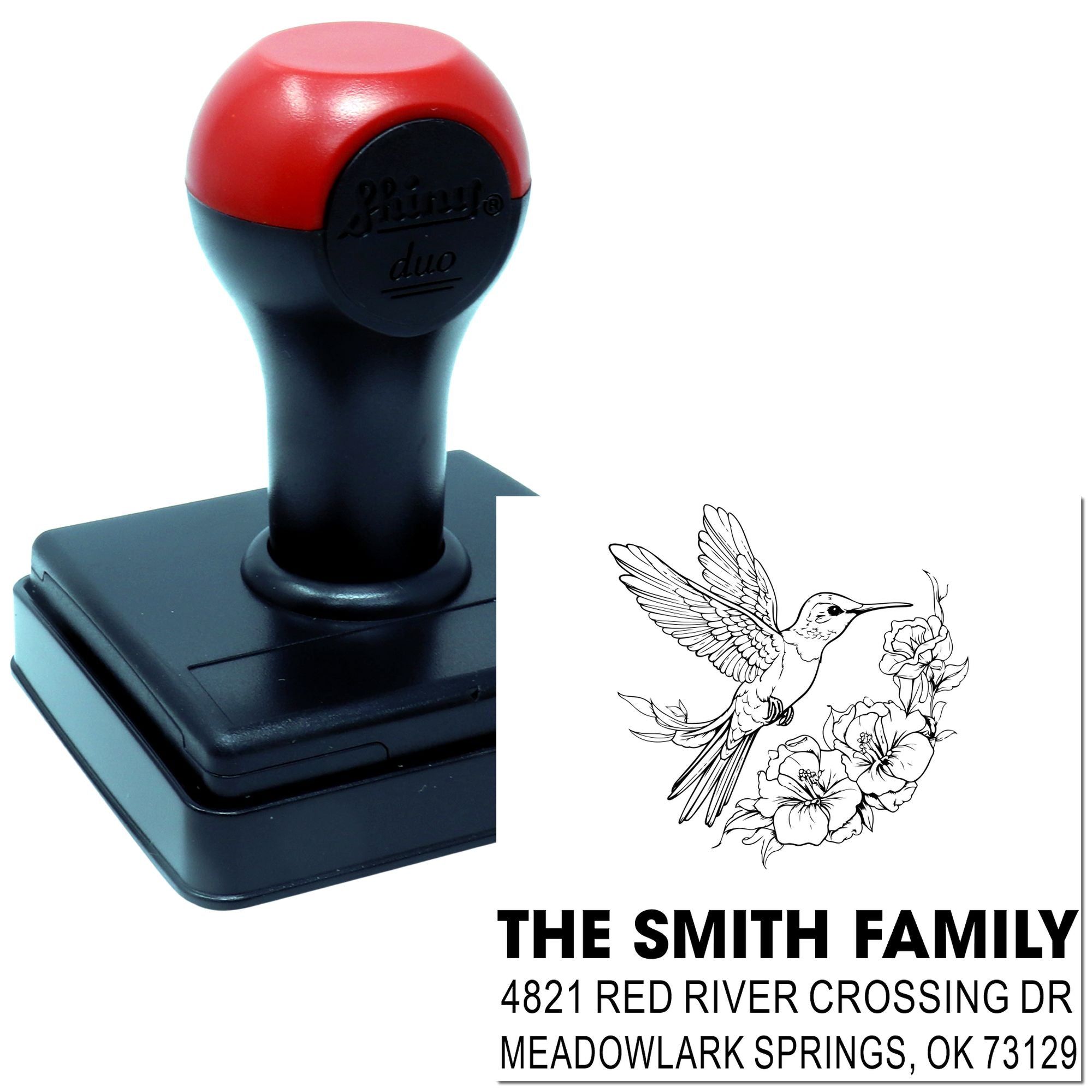 Custom self-inking rubber address stamp with hummingbird and floral design, personalized Smith Family return address stamp for mailing and crafts